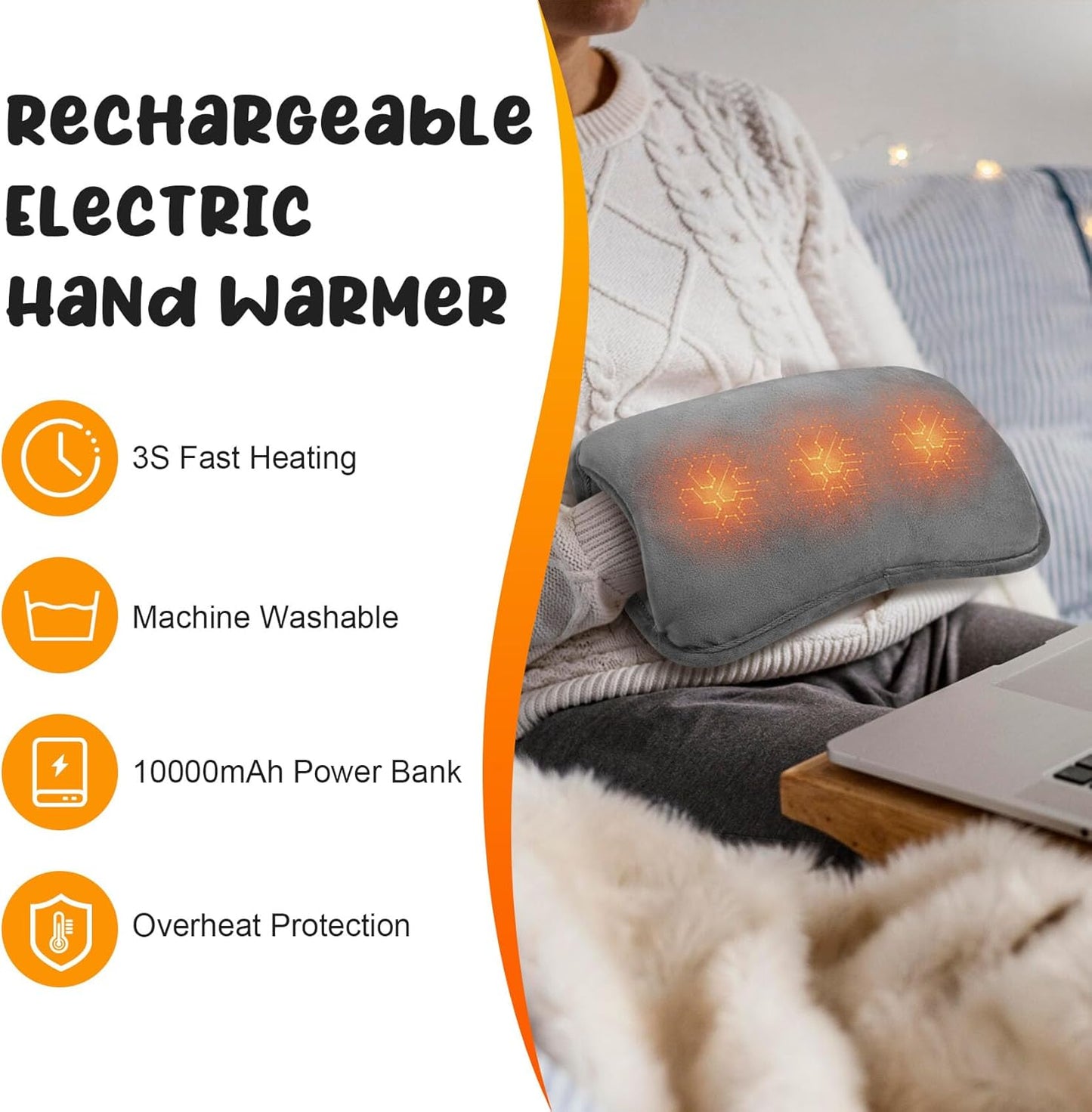 Hand Warmers Rechargeable, Electric Hand Warmer with 10000mAh Power Bank, Double-Sided Heating, Graphene Heated Gloves, Hand Warmers for Women, Indoor, Outdoor, Hunting, Camping