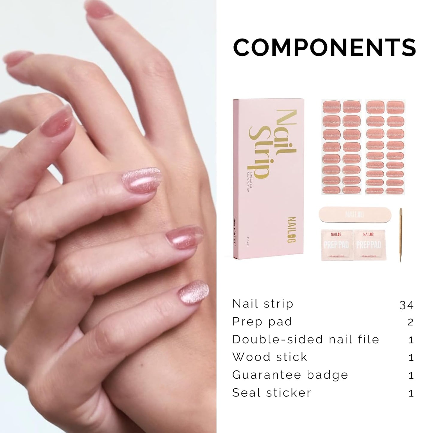 NAILOG Semi Cured Gel Nail Strips - 34 pcs | Buy 2 Get 1 UV Lamp | Long Lasting Nail Polish Sticker Wraps with Glossy Gel Finish, Pink Gleam