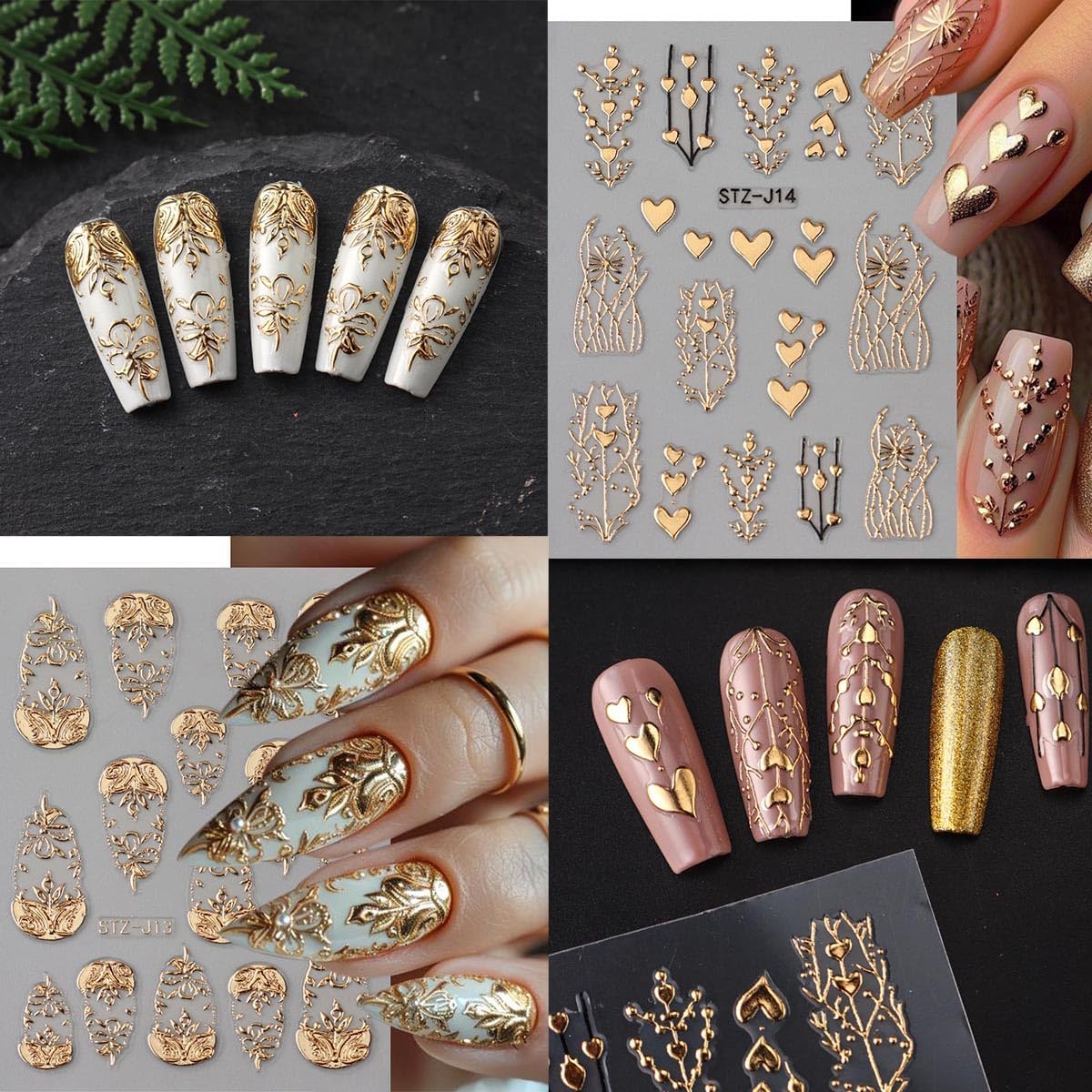 5D Embossed Flower Nail Art Stickers 3 Sheets Metallic Retro Totem Nail Decals Gold Silver Flowers Heart Tree Nail Stickers Luxury Nails Design Supplies French Tip Manicure Accessories for Women DIY