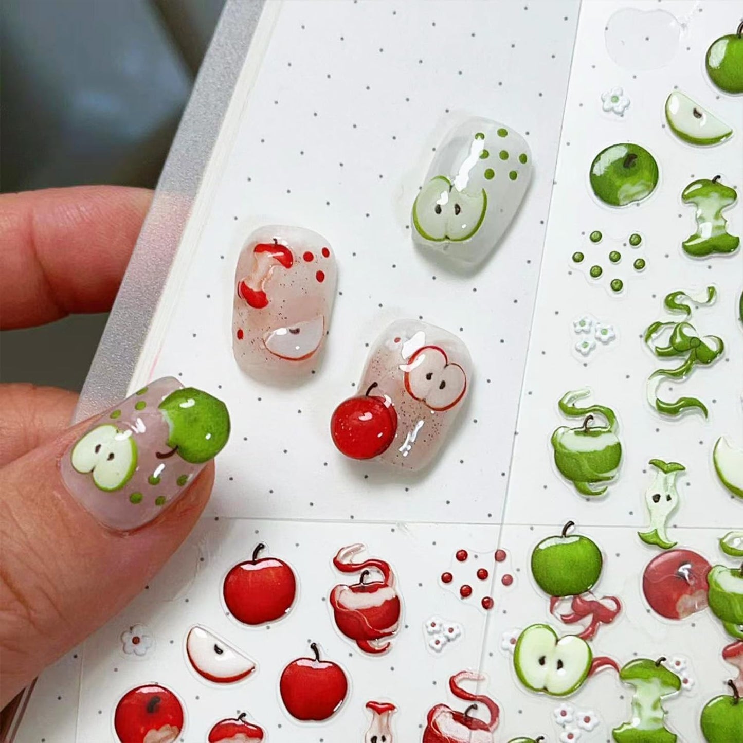 Apple Nail Stickers for Nail Art Cute Green Apple Sticker Flower Nail Art Stickers 5D Embossed Nail Decals 3D Self-Adhesive Nails Supply Manicure Sliders for Nails Decoration