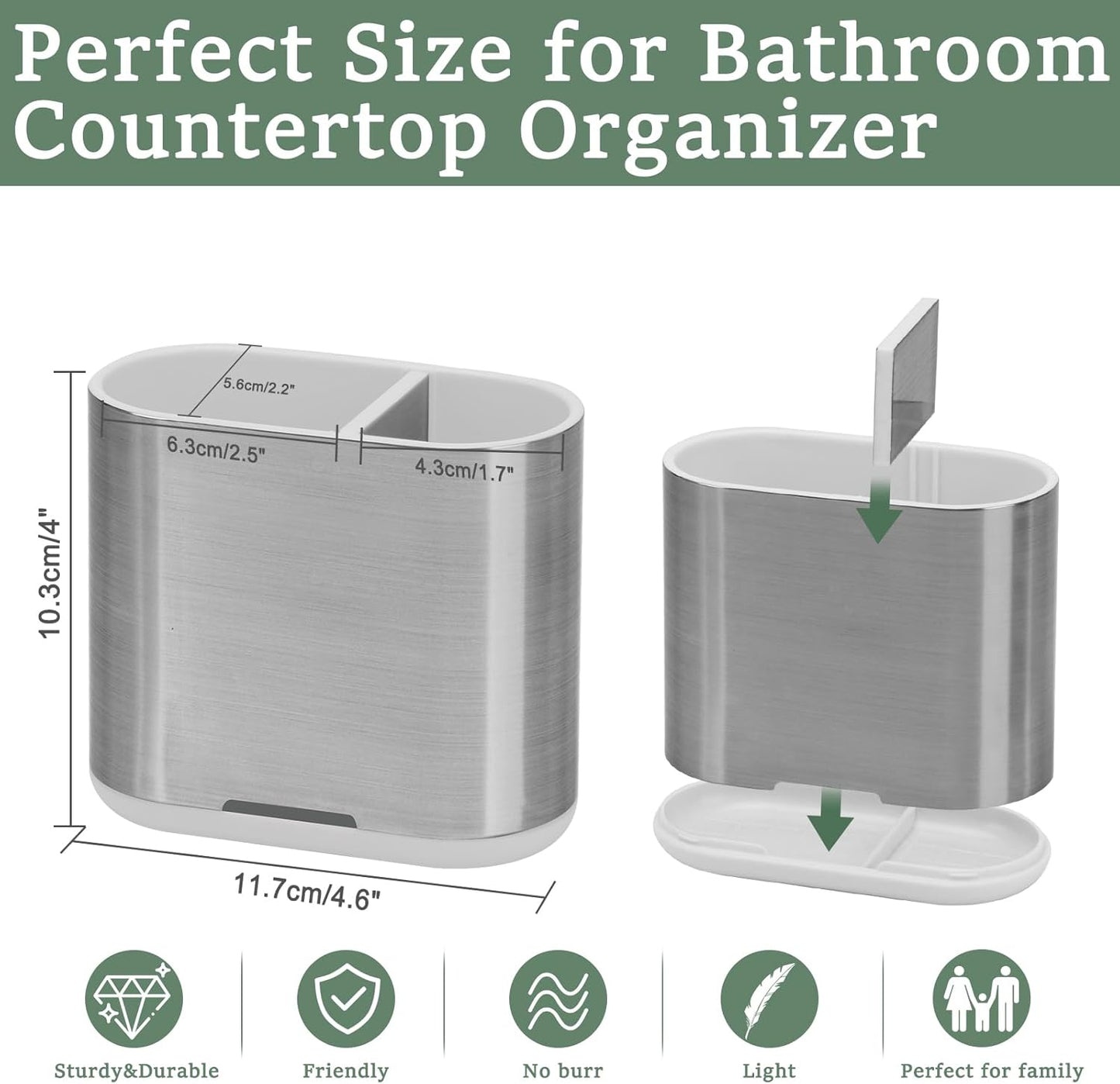 Toothbrush and Toothpaste Holder with Divider for Bathroom Countertop Organizer, 2 Slots Electric Toothbrush Holders Storage Caddy Drainage for Family, Kids (Brushed Silver)