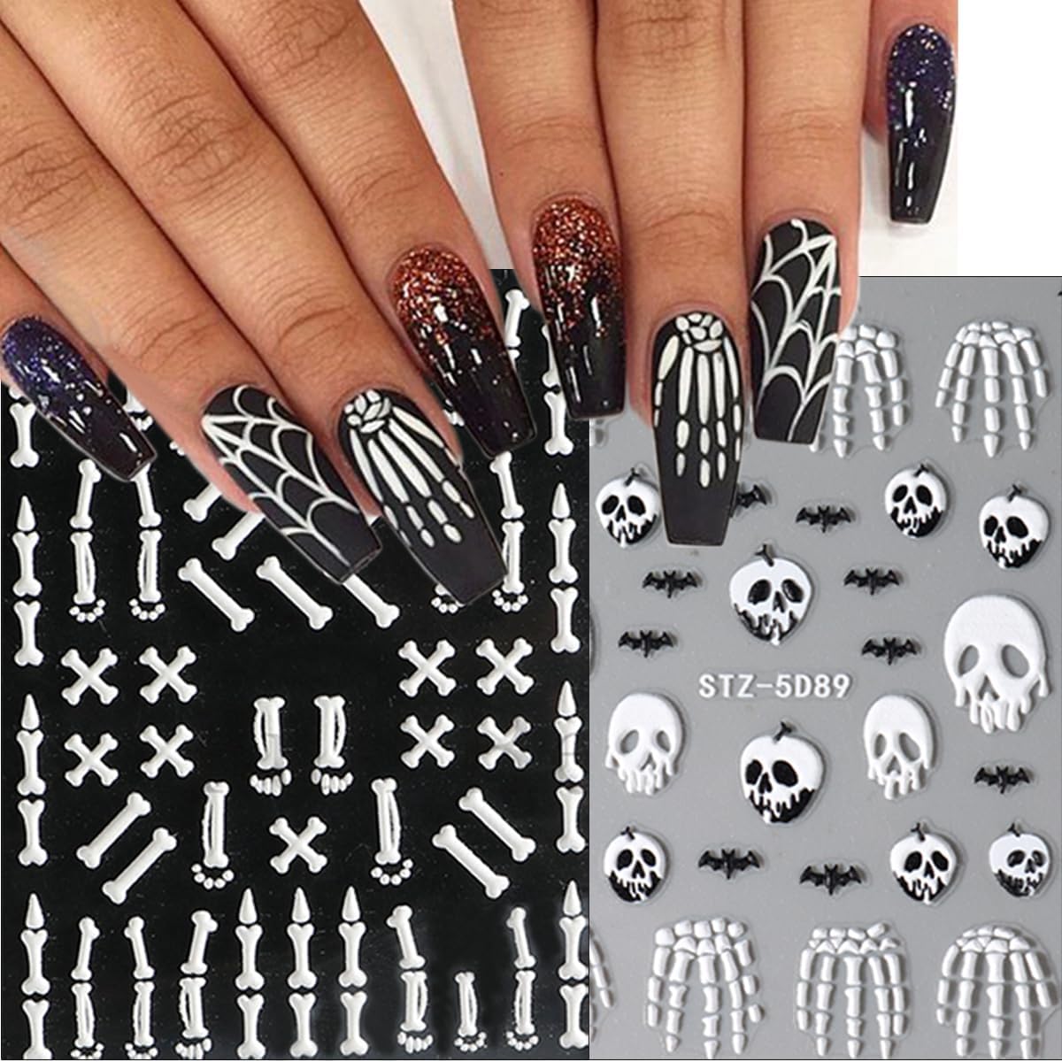 8 Sheets Halloween Nail Stickers for Nail Art 5D Self-Adhesive Gothic Bat Skeleton Spider Nail Decals Black White Claw Nail Design Stickers Halloween Nail Art Supplies for Women DIY Manicure Tip