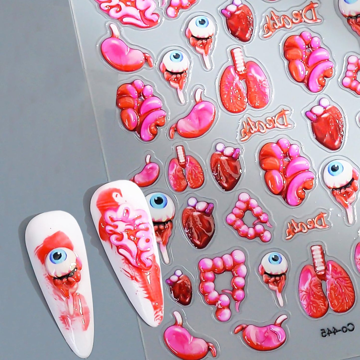 1 Sheets Horror Halloween Nail Stickers for Nail Art Embossed Eyeballs Nail Art Stickers Scary Heart Lungs Human Organs Nail Decals 5D Self-Adhesive Bloody Holiday Nail Design Supplies for Women
