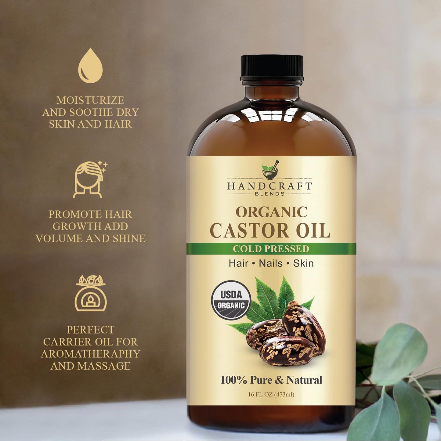 Handcraft Blends Cold-Pressed Organic Castor Oil in Glass Bottle - 16 Fl Oz - 100% Pure and Natural - Premium Grade Carrier Oil for Hair Growth, Eyelashes and Eyebrows - Hair and Body