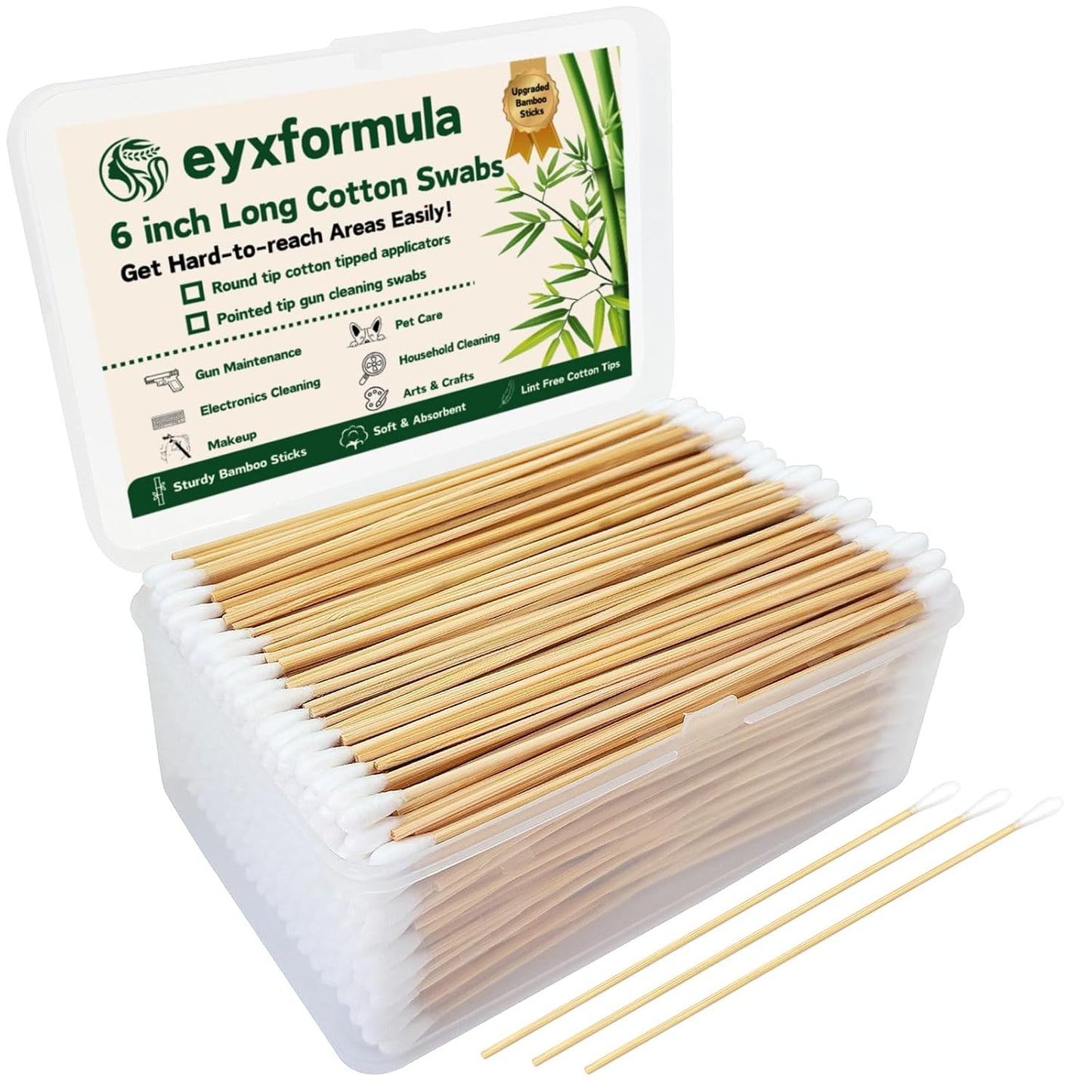 Eyxformula 500 PCS 6 Inch Long Cotton Swabs with Upgraded Sturdy Bamboo Sticks – Lint-Free & Sufficient Cotton Tipped Applicators for Dog Ear Cleaning, Gun Maintenance, Makeup, Pet Care, Art & Crafts