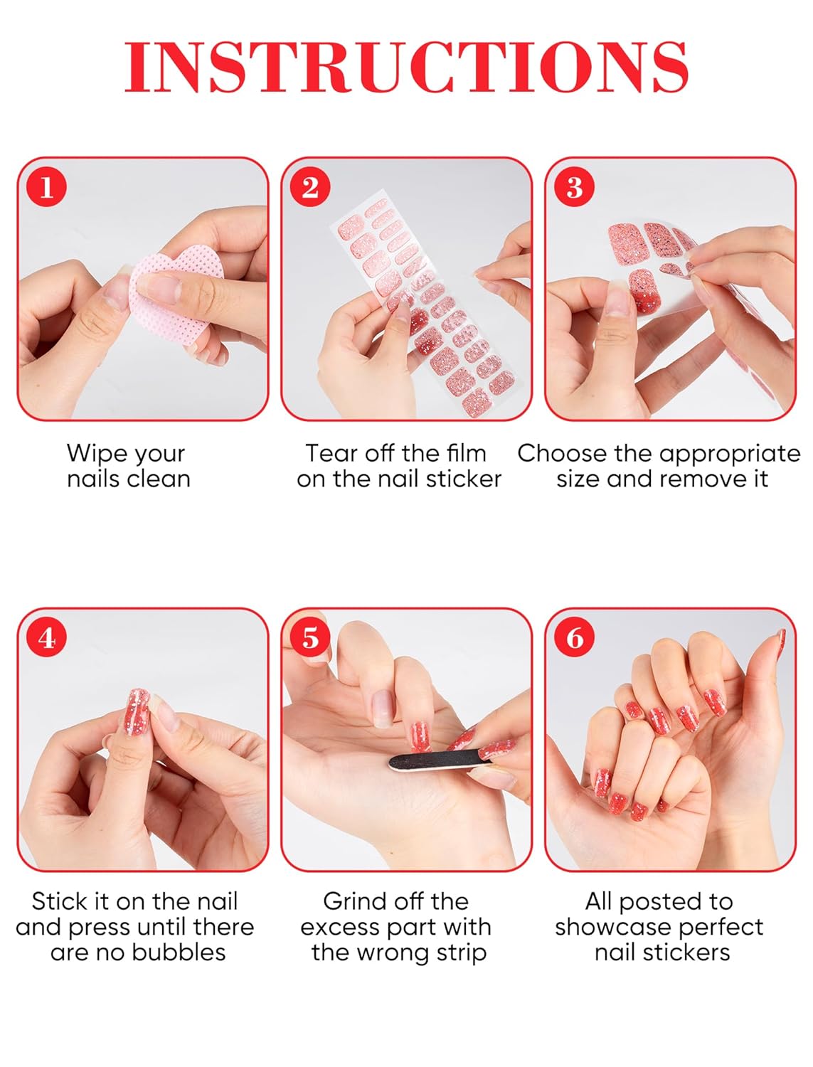 Self-Adhesive Semi Cured Gel Glitter Nail Strips No UV Light Needed, 48 Pcs Press on Color Nail Design Polish Stickers Kit with Nail Files for Women (Deep Red)(Deep Red)