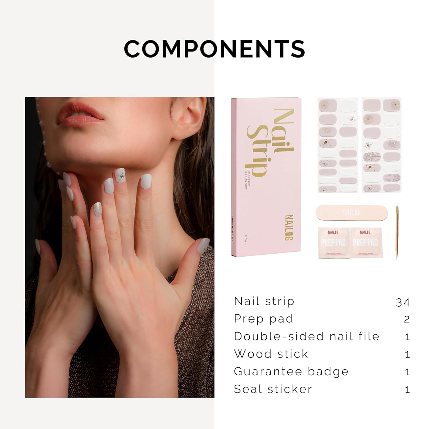 NAILOG Semi Cured Gel Nail Strips 34 pcs| Buy 2 Get 1 UV Lamp | Long Lasting Nail Polish Sticker Wraps with Glossy Gel Finish, Astria