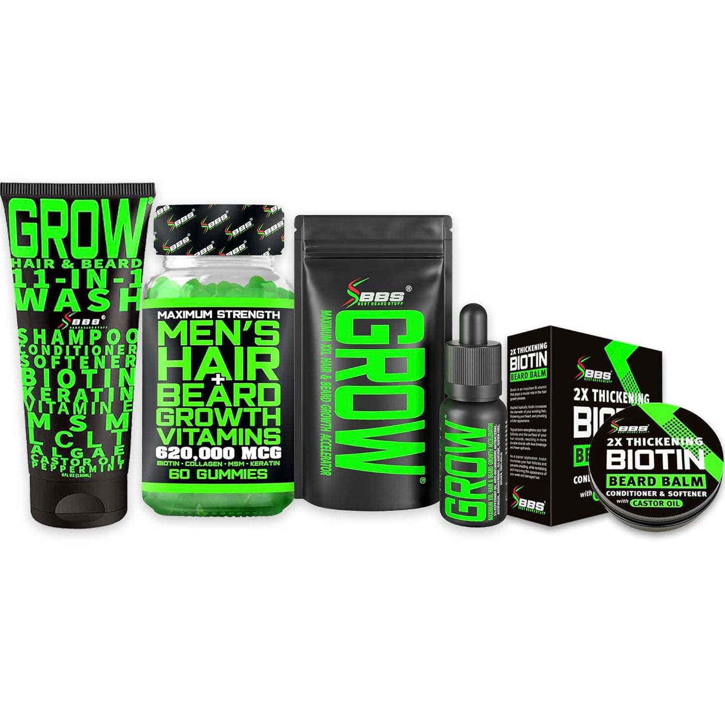 Beard Growth Kit w/Biotin Gummies/Beard & Hair Vitamins + GROW Beard & Hair Growth Shampoo + 2X Beard Balm for Men + GROW Beard Growth Oil for Men