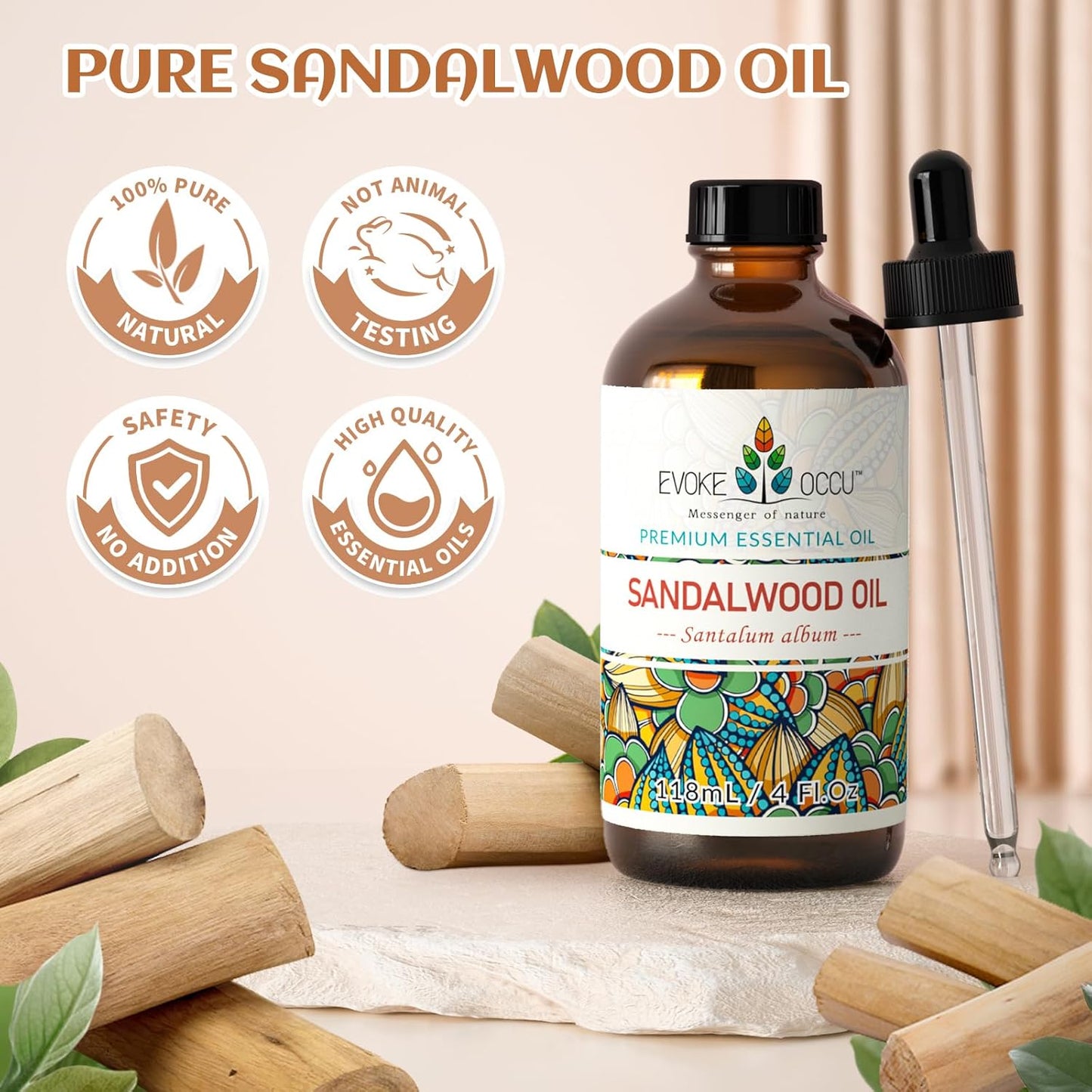 EVOKE OCCU Sandalwood Essential Oils for Skin Care, Diffuser, Perfume, Candle and Soap Making - 4 FL Oz