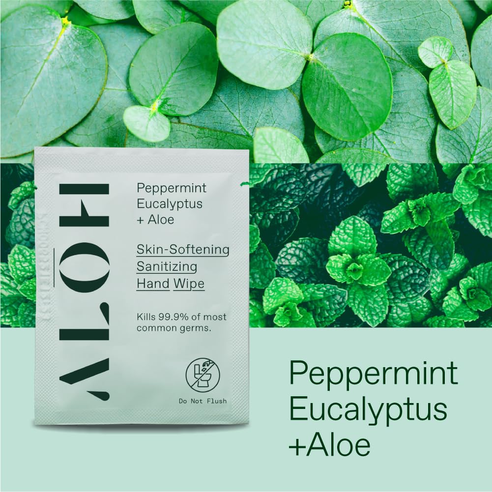 ALŌH Skin - Softening Sanitizing Hand Wipes – Peppermint + Eucalyptus Aloe (1 Box of 20 Individually Wrapped Wipes)