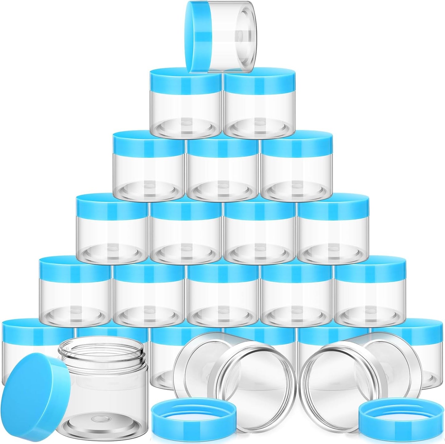 SATINIOR 24 Pieces Empty Clear Plastic Jars with Lids Round Storage Containers Wide Mouth for Beauty Product Cosmetic Cream Lotion Liquid Butter Craft and Food(Blue Lid,6 oz)