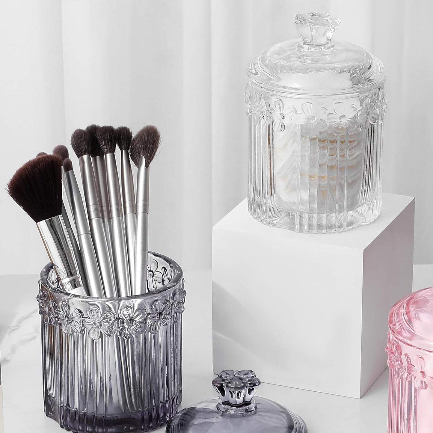 rejomiik 2 Pack Qtip Holder Glass Apothecary Jars with Lids Set Bathroom Canisters Dispenser Organizers and Storage for Cotton Swabs, Balls, Pads, Floss Picks, Candy, Grey