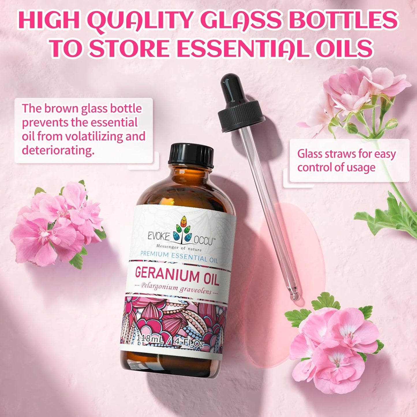 EVOKE OCCU Pure & Natural Geranium Essential Oil for Skin, Hair, Diffuser, Aromatherapy - 4 Fl Oz