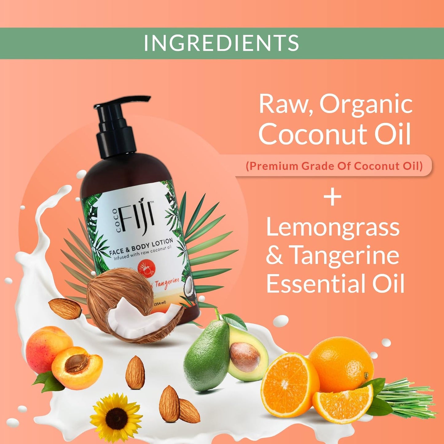 Coco Fiji Face & Body Lotion Infused With Coconut Oil | Lotion for Dry Skin | Moisturizer Face Cream & Massage Lotion for Women & Men | Lemongrass Tangerine 12 oz, Pack of 3