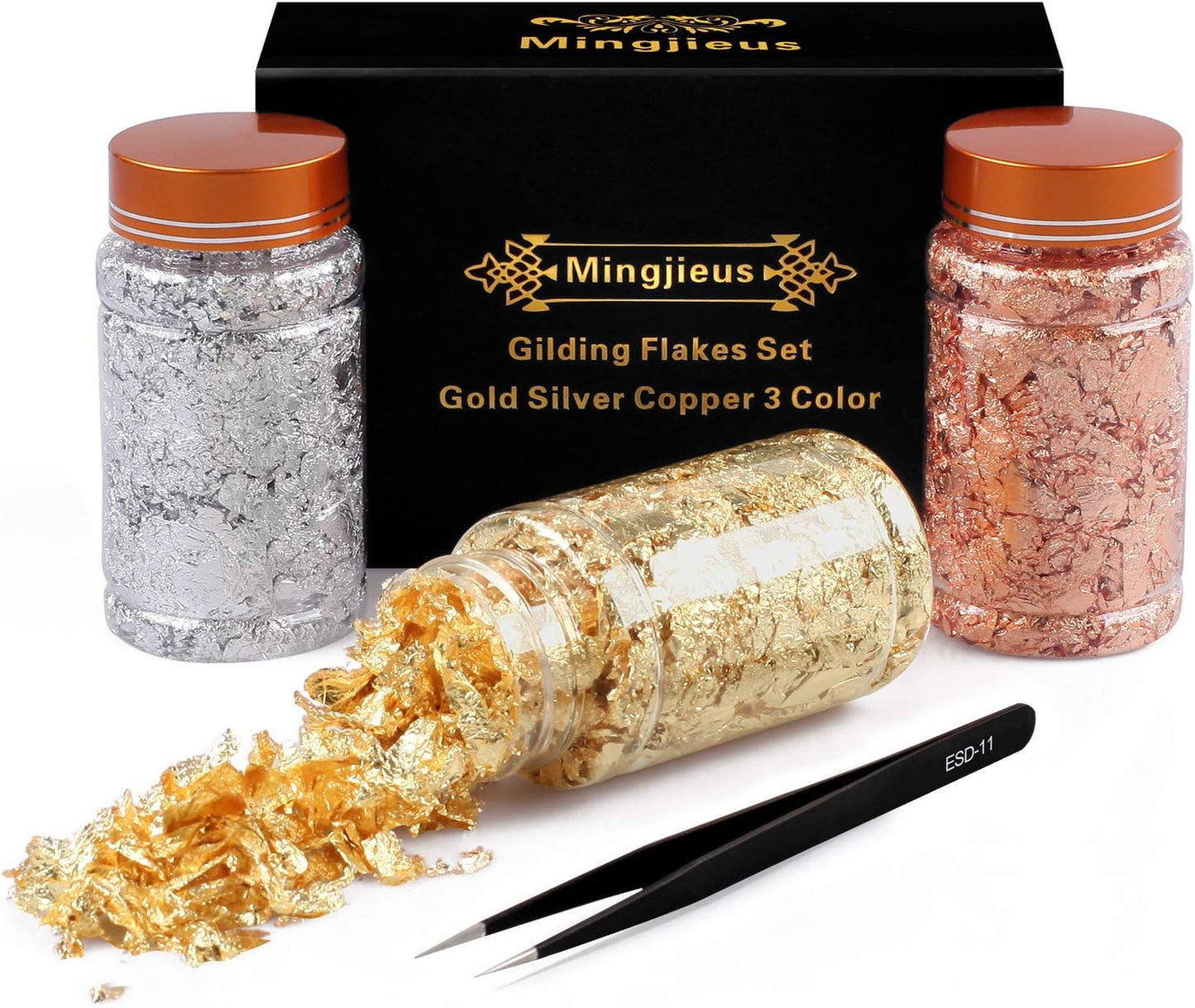 Gilding Flakes Set,Gold Foil Flakes for Resin,3 Bottles Metallic Foil Flakes for Resin Jewelry Making,Nails,Painting Art,Crafts and Slime(Gold, Silver, Copper Colors)