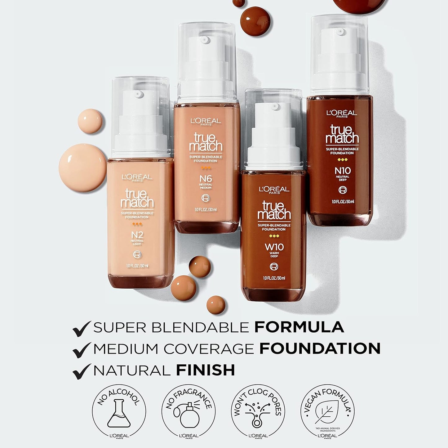 L’Oréal Paris True Match Super-Blendable Foundation, Medium Coverage Liquid Foundation Makeup with SPF 17, W10, Deep, 1 Fl Oz (Pack of 2)