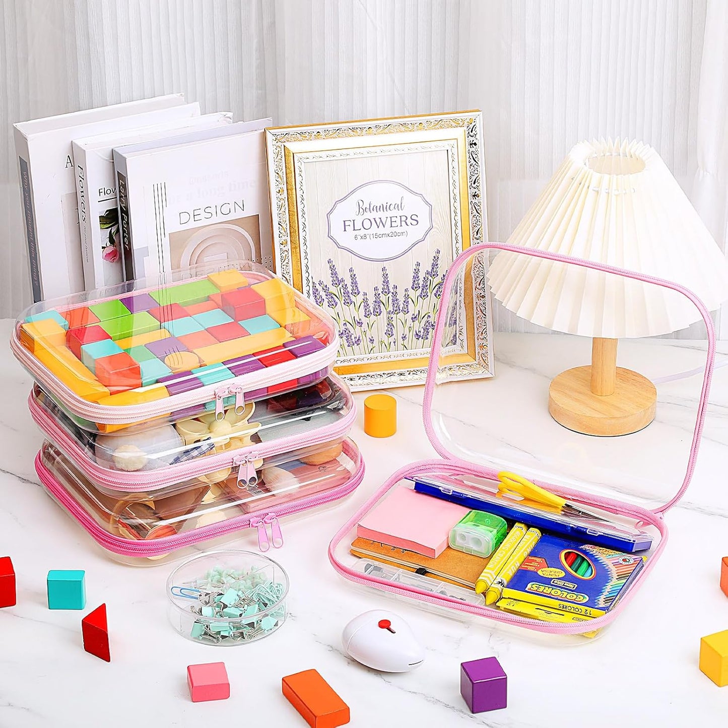 Hoolerry 4 Pcs Hard Clear Zipper Case Makeup Bags Plastic Pencil Pouch Transparent Storage Box Containers for Cosmetics, Snacks, Building Blocks, Puzzles(Pink,9.8 x 7.9 x 2 in)