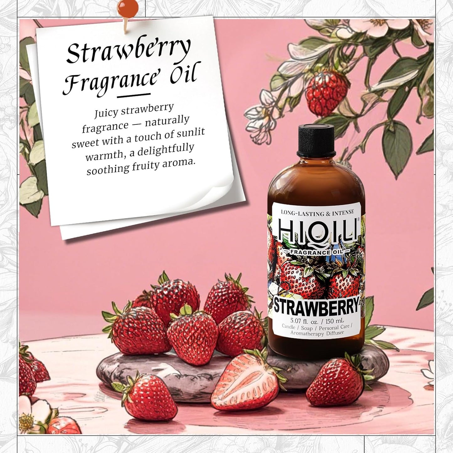 HIQILI Strawberry Fragrance Oil for Diffuser Use, Great for Candle, Soap, Body Butter Making, DIY Fruity Scent Perfume - 5.07 Fl Oz