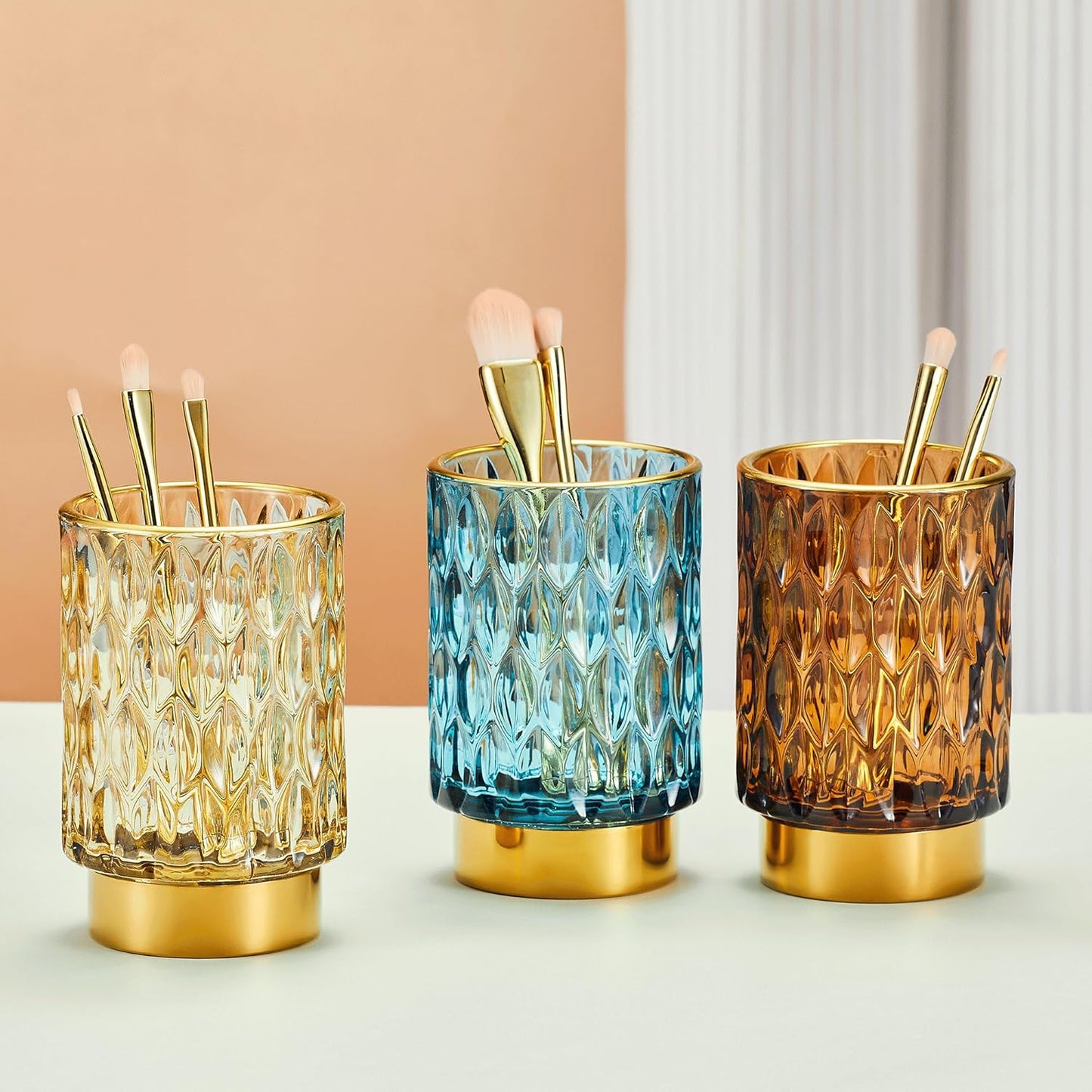 Makeup Brush Holder Organizer,Toothbrush Holders,Desk Pen Pencil Holder,Multifunctional Vintage Glass Brush Cup(A39-3-US)