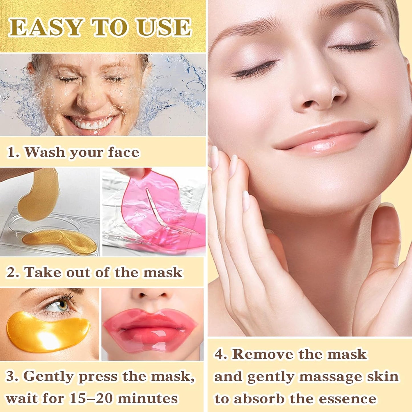 30PCS Lip Mask & Under Eye Mask, 24K Under Eye Patches for Puffy Eyes, Pink Lip Masks Skincare, Effectively Moisturizing the Skin, Reducing Fine Lines & Dark Circle