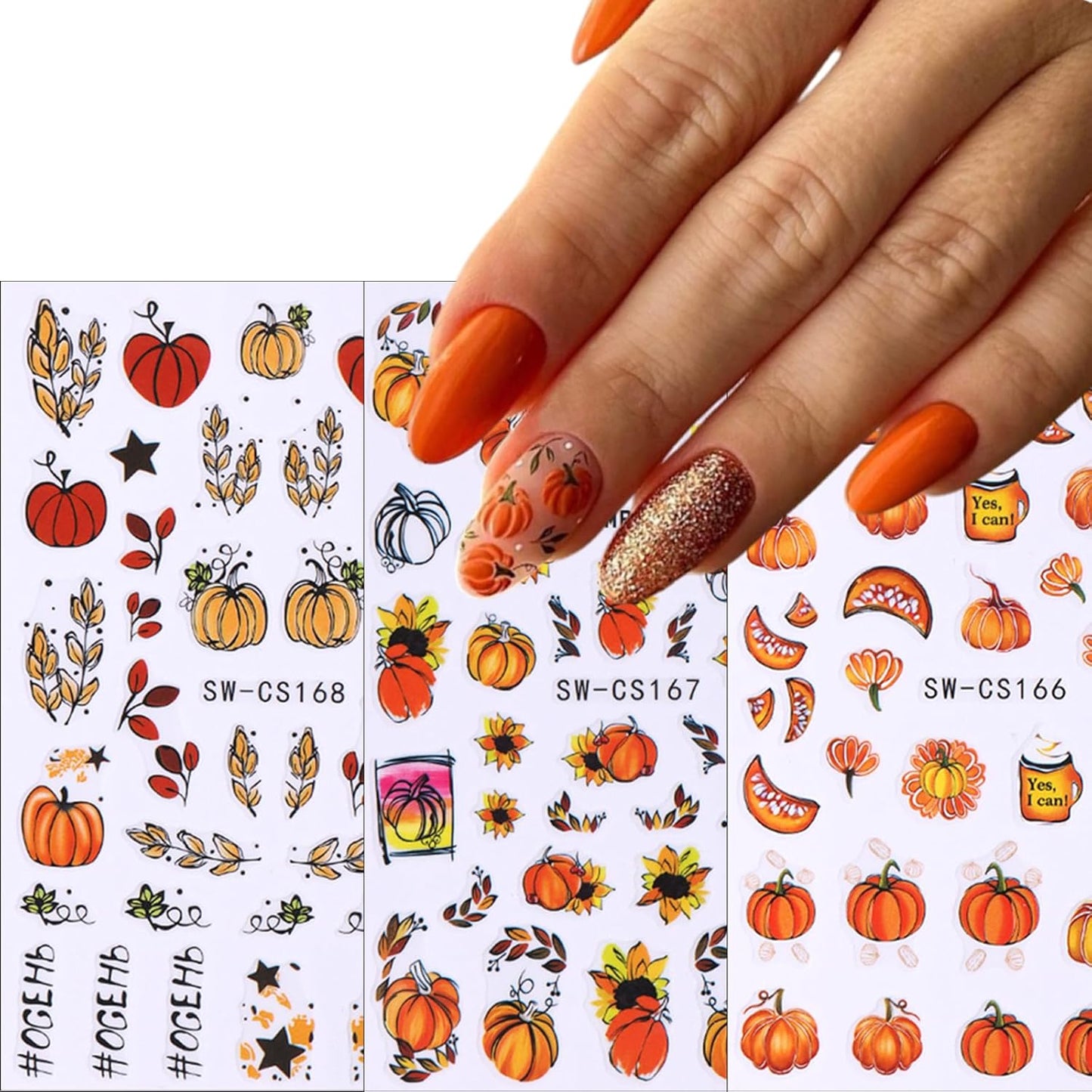6Sheets Fall Nail Art Stickers 3D Nail Self-Adhesive Sticker Autumn Leaves Pumpkin Designs Nail Decals Ginkgo Leaf Pumpkin Dried Flower Autumn Thanksgiving for Women Girls DIY Nail Decorations