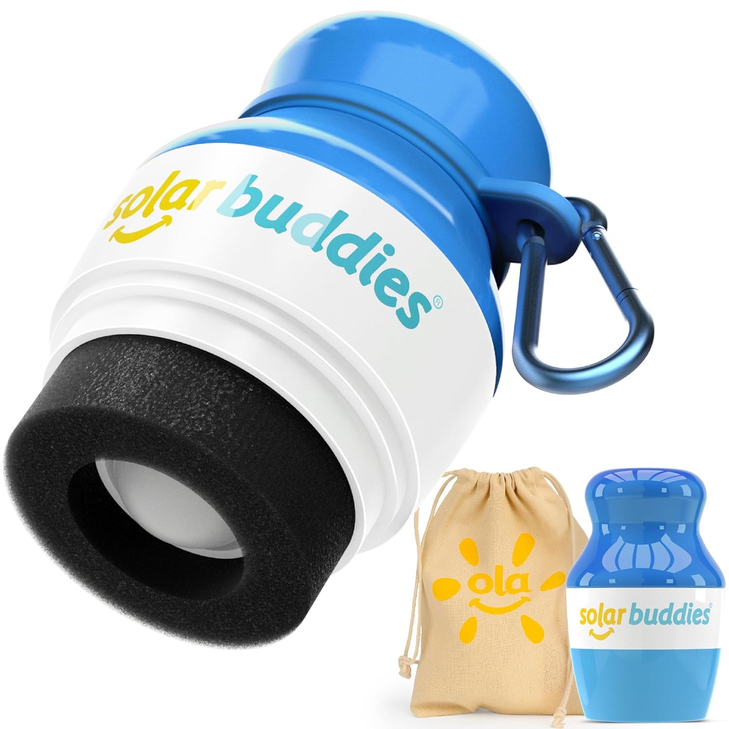 Solar Buddies Bag Bundle & Carabina Clip - Full Blue - Refillable Roll on Sponge Sunscreen, Suncream & Lotion Applicator For Kids, Adults & Families - Holds 3.4fl oz, Perfect Size for Travel