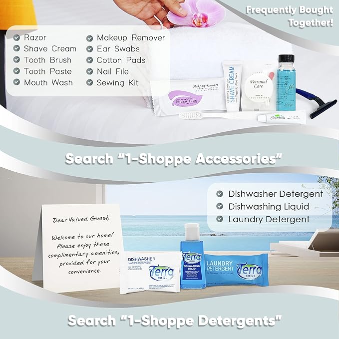 Terra Pure White Tea & Coconut Hotel Size Toiletries Set | 1-Shoppe All-In-Kit | 1 oz. Liquids and 1.25 oz. Bar Soap | Amenities For Hotels, Airbnb & Rentals | (75 pieces)