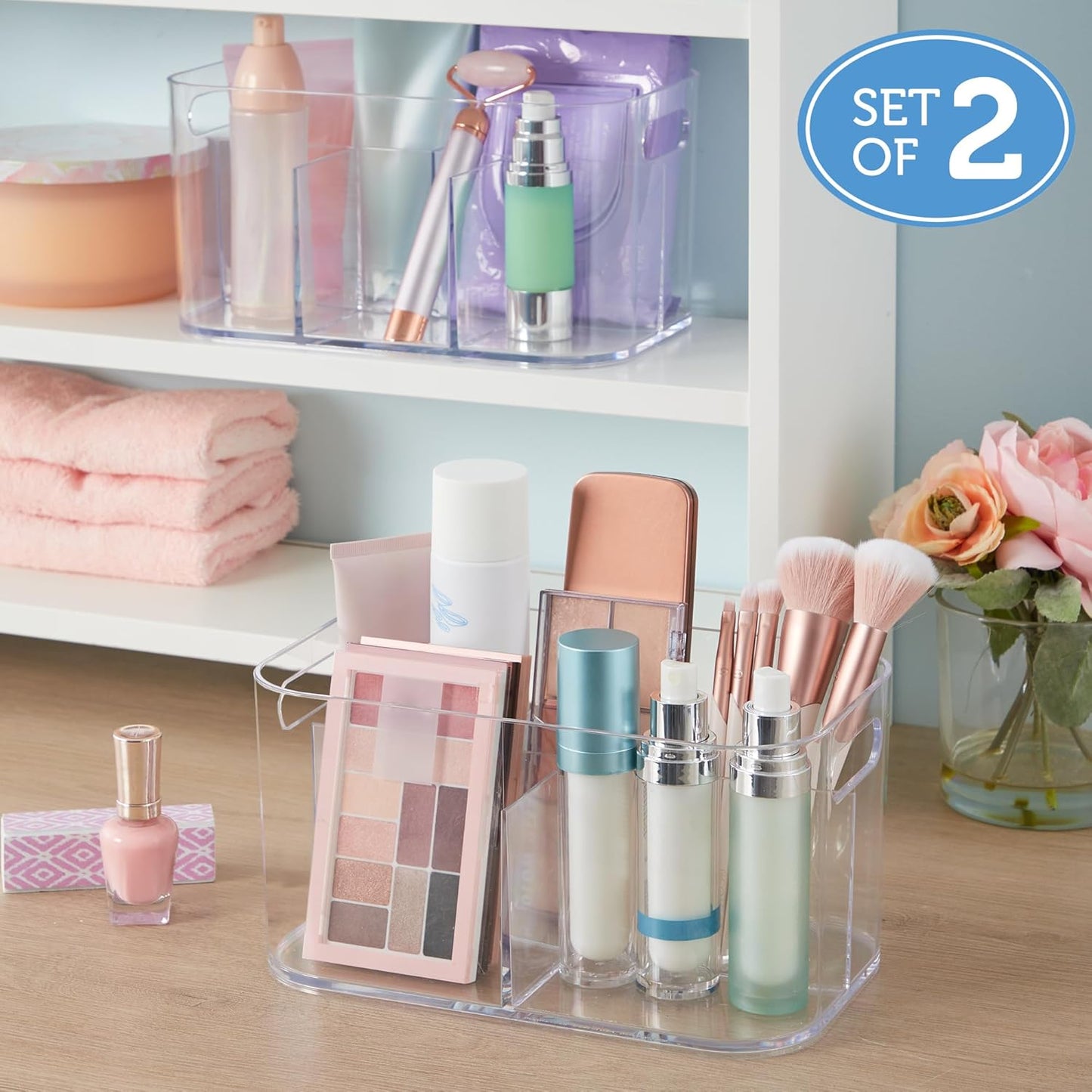 STORi Bliss 5-Compartment Plastic Cosmetics Storage Organizer, Set of 2 | Clear | Rectangular Divided Makeup Bin & Vanity Caddy with Pass-Through Handles | Round Corner Design | Made in USA