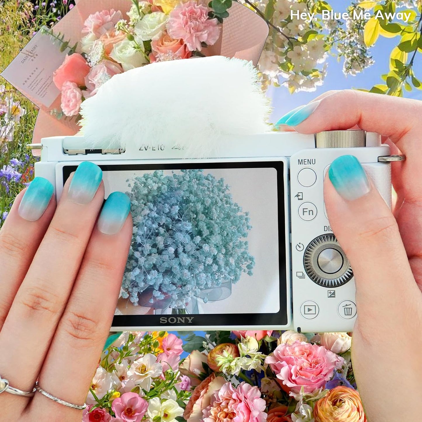 Semi Cured Gel Nail Strips | No LED Lamp Needed | Ombre, Blue, Spring | Easy Apply & Remove, Salon Quality | Includes 28 Strips, 1 Prep Pads, Nail File & Wooden stick - Hey, Blue Me Away