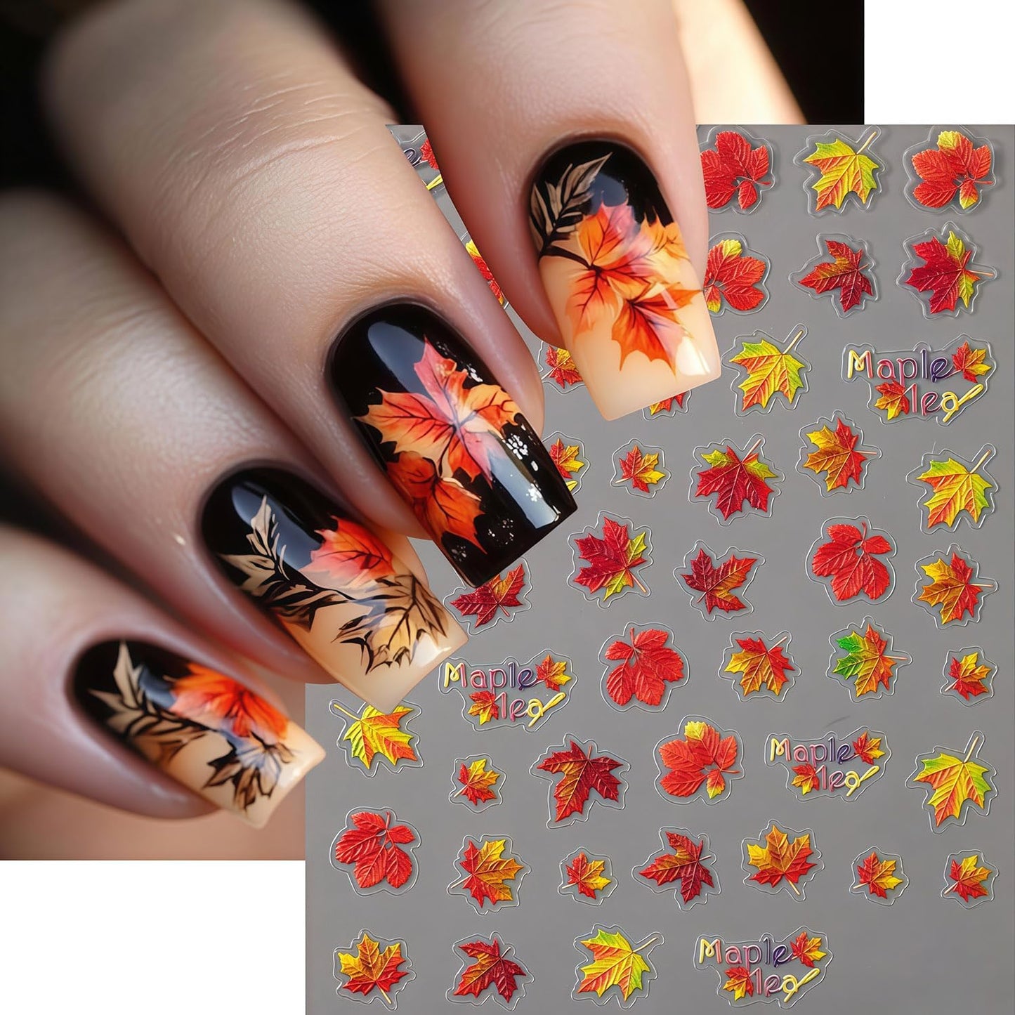 4 Sheets Fall Nail Art Stickers Maple Leaf Nail Decals 3D Self-Adhesive Autumn Leaves Design Stickers Thanksgiving Maple Leaves Nail Decals for Women Holiday DIY Manicure Decoration