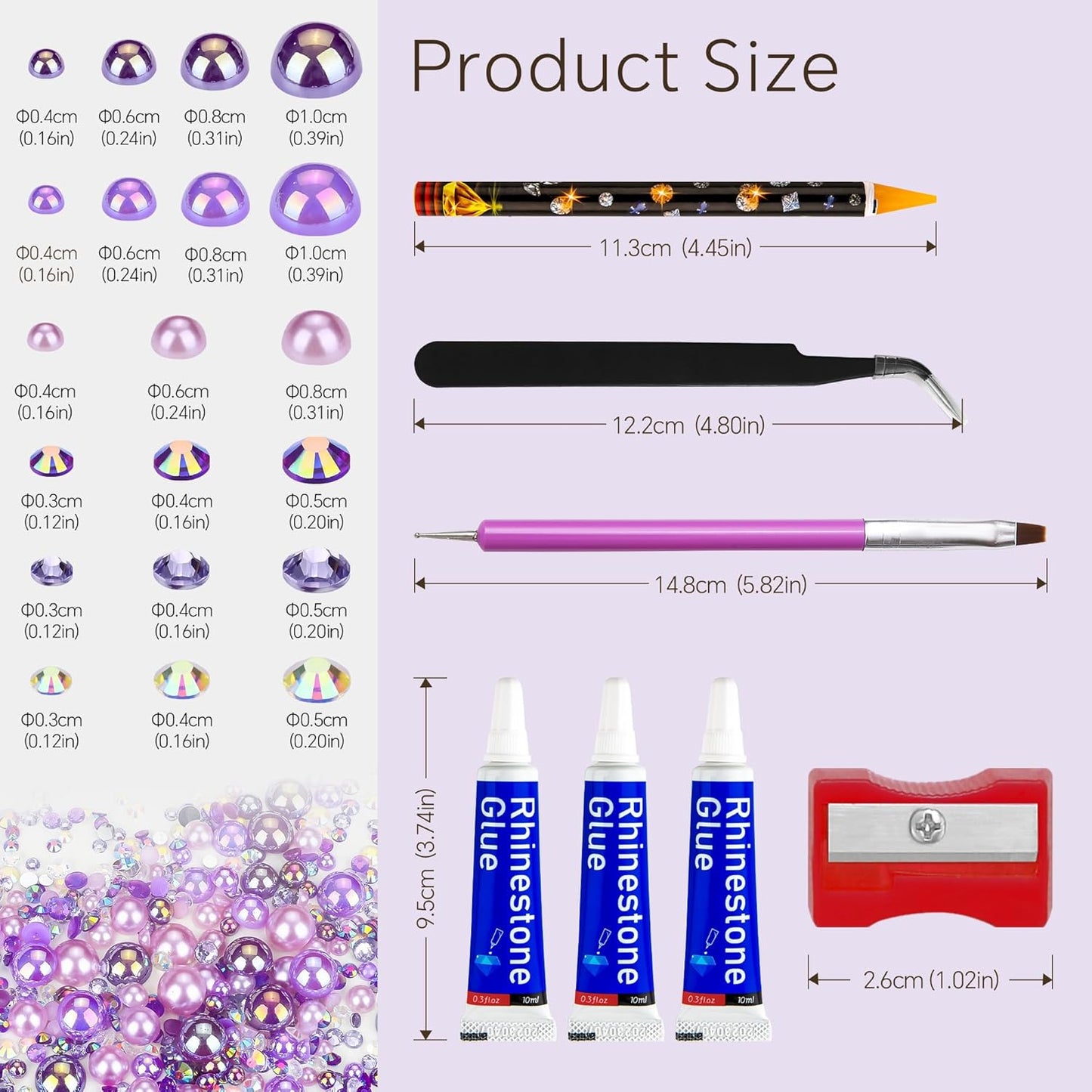 60g Purple AB Flat Back Pearls Rhinestones for Crafts Mixed Size 3mm-10mm AB Color Round Half Pearls Flatback Pearl Beads and Resin Rhinestones Set for Face Art