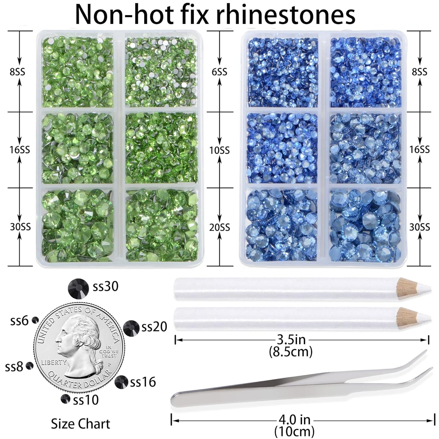 LPBeads 6000 Pieces Lt Sapphire and Peridot Non Hotfix Rhinestones 6 Sizes Round Crystal Glass Flat Back Rhinestones with Tweezers and Picking Pen for Nail Art Crafts Clothes Bags DIY