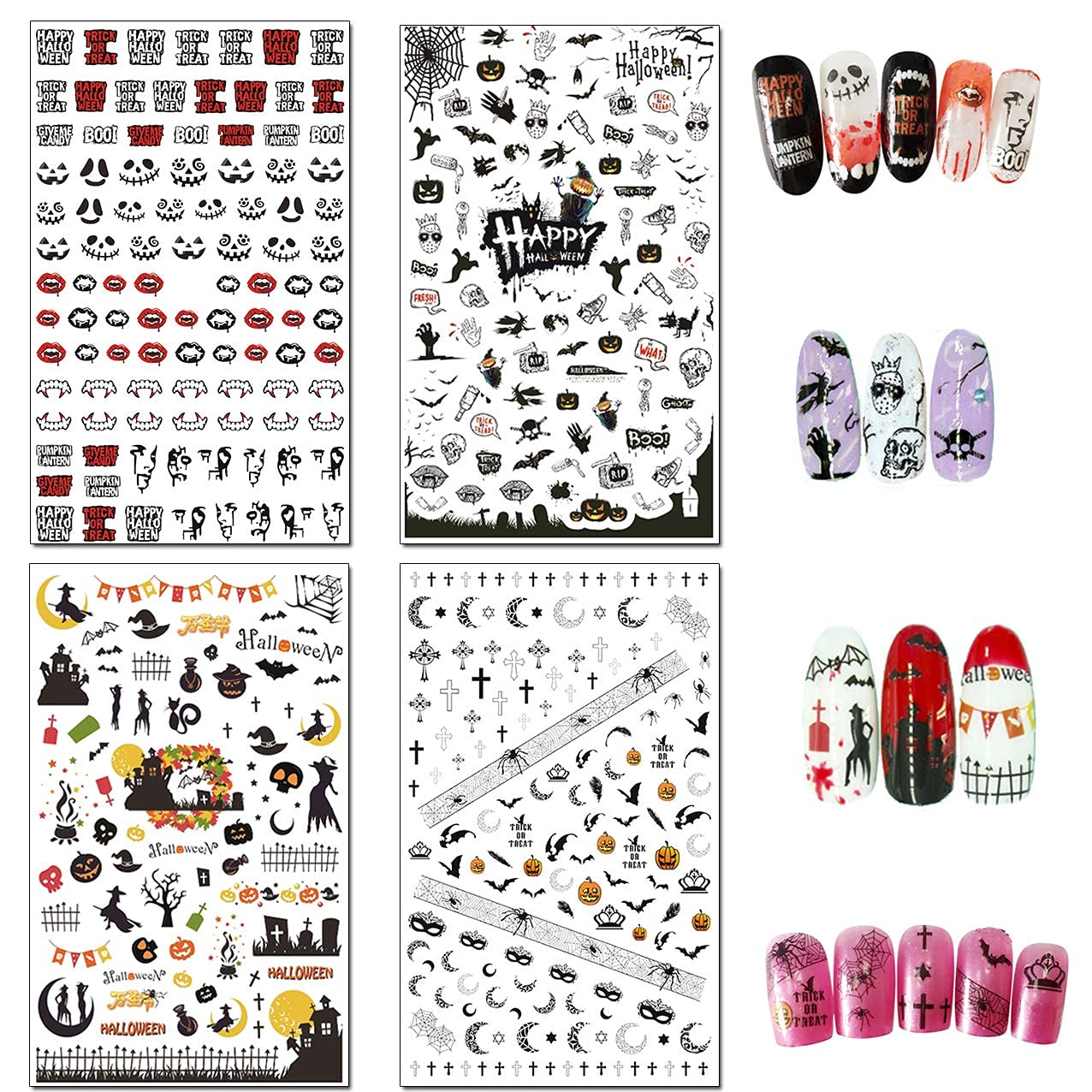 TailaiMei 1500 Pcs Halloween Nail Decals Stickers, 12 Sheets Self-Adhesive DIY Nail Art Tips Stencil for Halloween Party, Include Pumpkin/Bat/Ghost/Witch etc