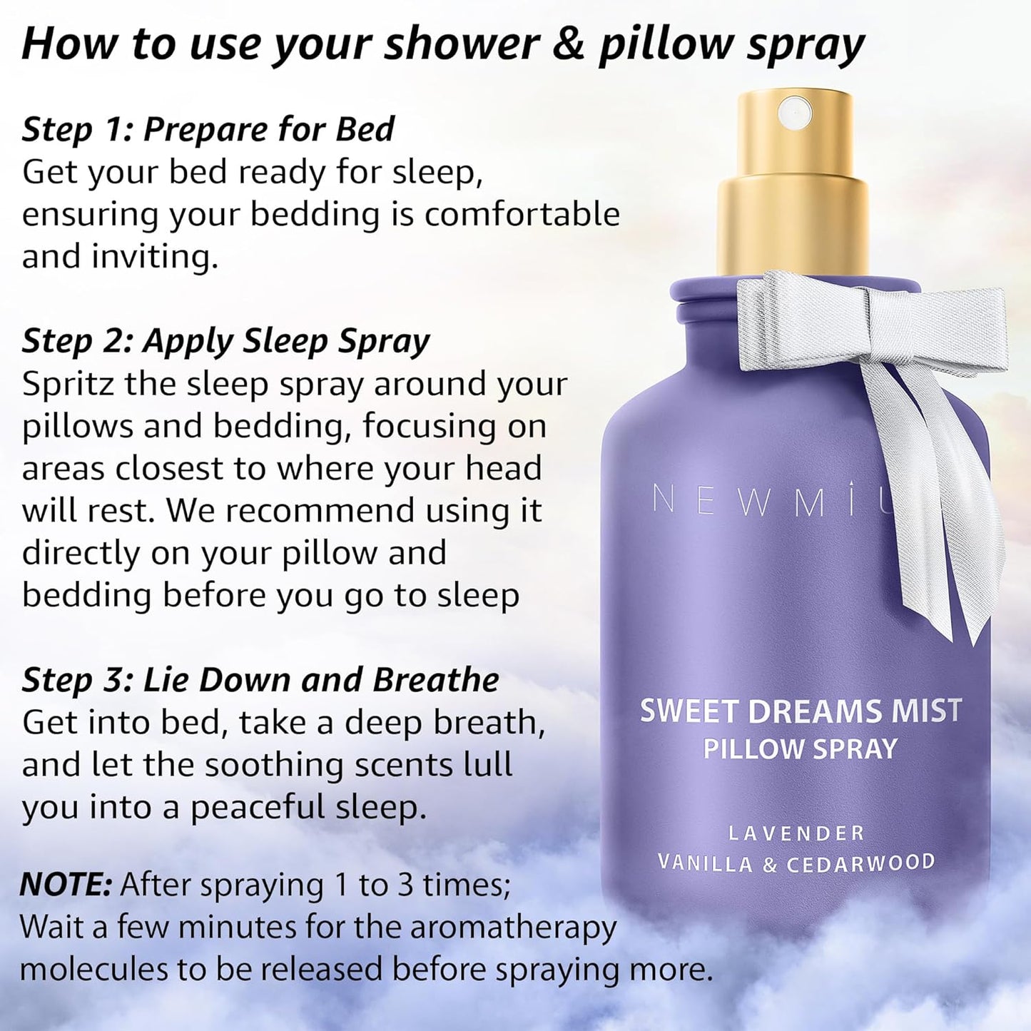 Sweet Dreams Sleep Pillow Spray Lavender Vanilla Cedarwood Essential Oils Aromatherapy Mist Calming Stress Relief Bedtime Shower Spray Self Care Gift
