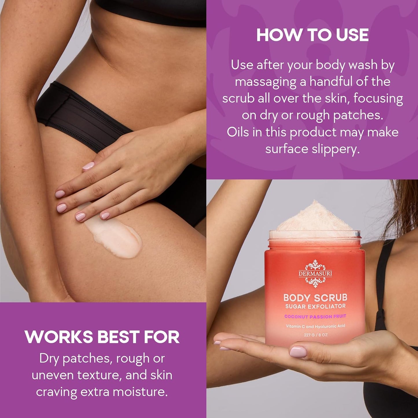 Dermasuri Exfoliating Sugar Scrub - Body Scrubber for Men & Women - Exfoliates & Removes Dead & Dry Skin for a Soft & Radiant Glow - Deep Hydration & Moisture - Coconut Passion Fruit