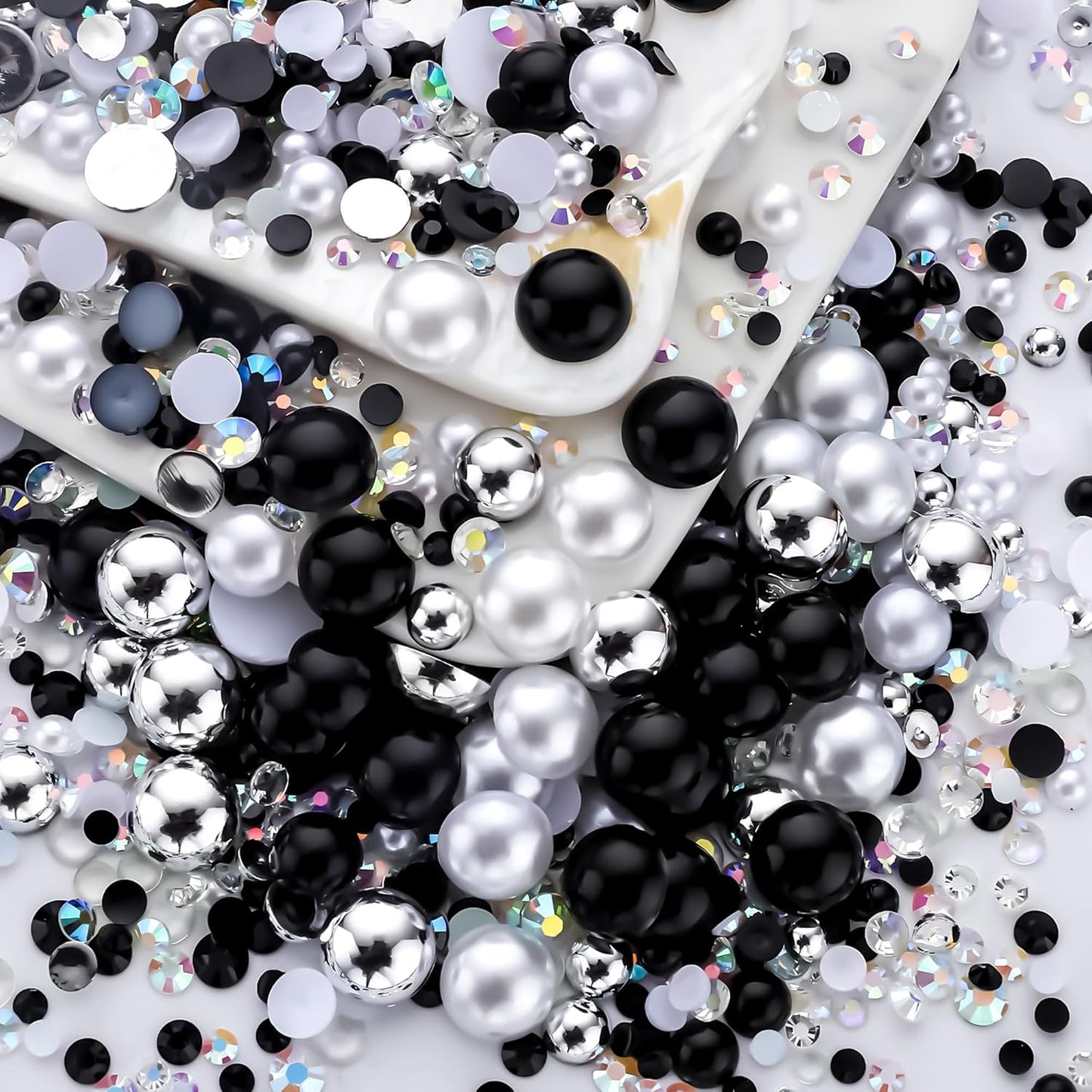 60g Black White Pearls Rhinestones for Crafts Mixed Size 3mm-10mm AB Color Round Half Pearls Flatback Pearl Beads and Resin Rhinestones Set for Face Art with Glue
