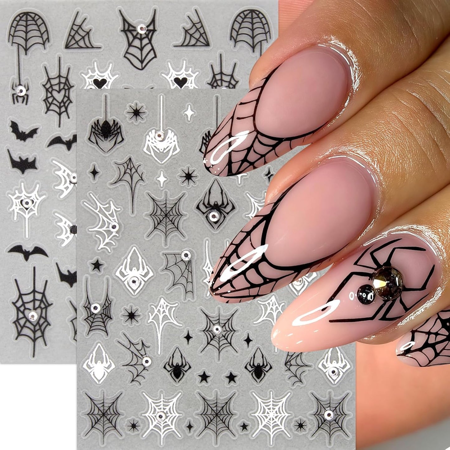 8Sheets Halloween Nail Stickers for Nail Art Black White Spider Web Nail Decals Black Pink Stars Love Rhinestones Spider Design Nail Supplies Bats Nail Art Stickers for Women DIY Manicure Decorations