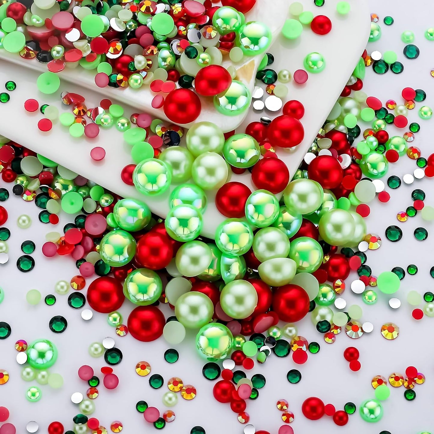 60g Christmas Pearls Rhinestones for Crafts Mixed Size 3mm-10mm AB Color Round Half Pearls Flatback Pearl Beads and Resin Rhinestones Set for Face Art with Gel