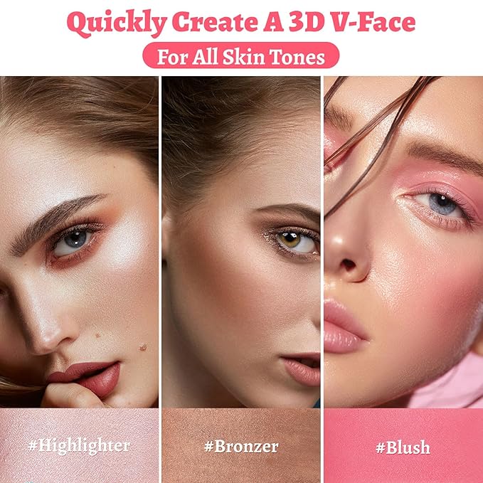 Face Stick Trio 3Pcs Multi Makeup Blush Highlighter Contour Sticks, Buildable Blendable Lightweight Cream Blush Stick for Cheeks Lips Make Up For Women (05)