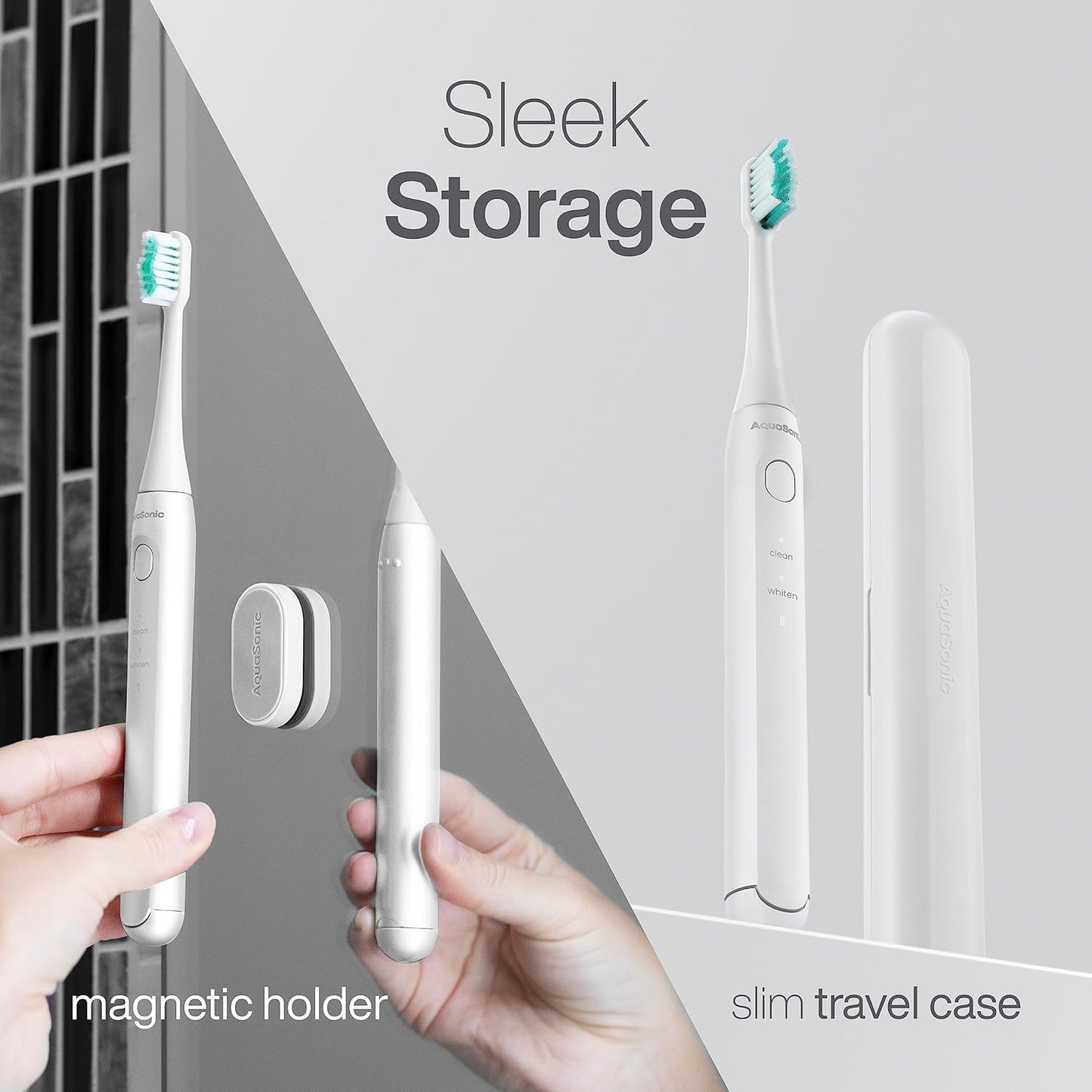 Aquasonic Icon ADA-Accepted Rechargeable Toothbrush | Magnetic Holder & Slim Travel Case | 2 Brushing Modes & Smart Timers | Gentle Micro-Vibrations (Pearl)