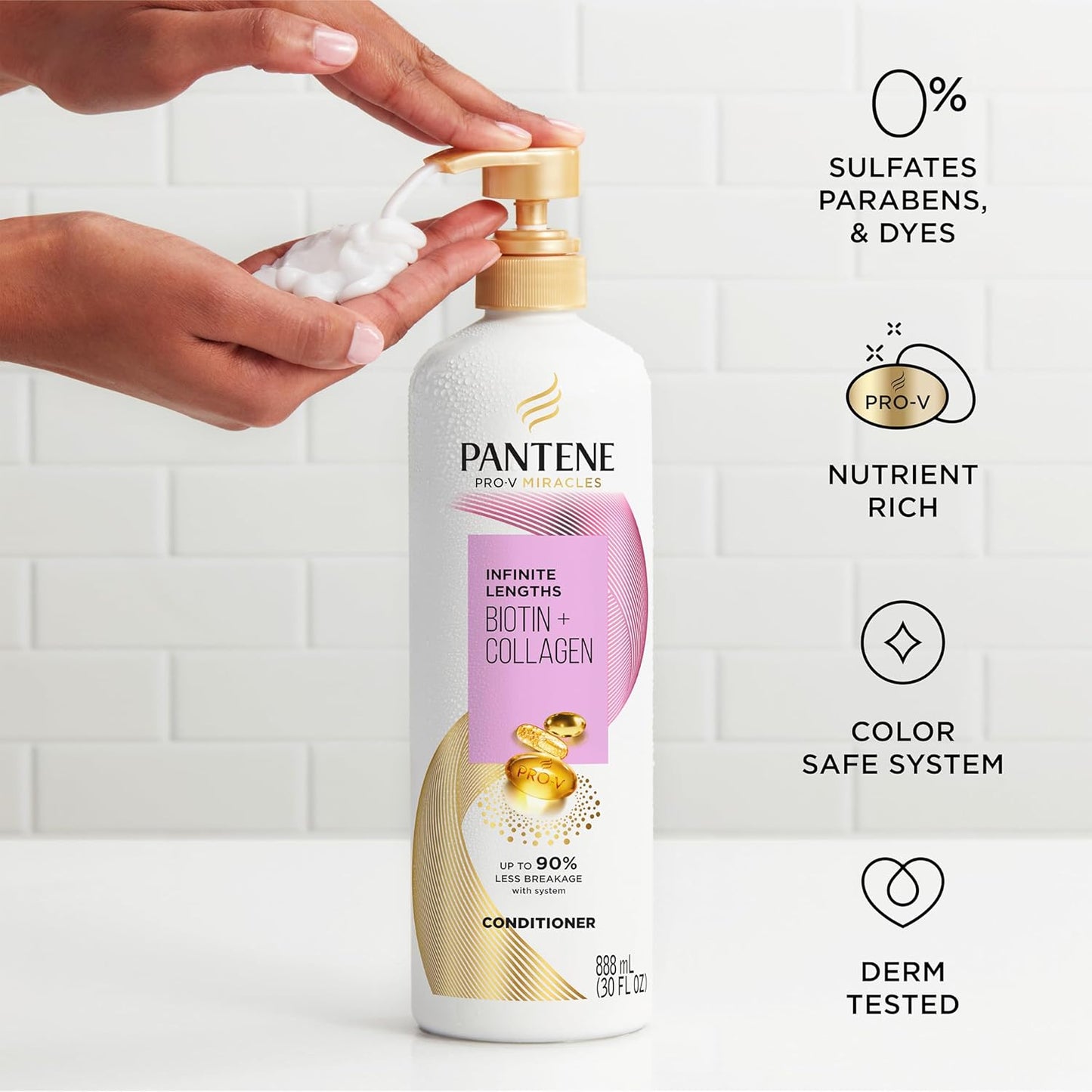 Pantene Infinite Lengths Conditioner with Biotin + Collagen, Strengthens Brittle Hair, Up to 90% Less Breakage, 1 Minute Miracle, Safe for Color Treated Hair, Floral Scent, 30 Fl Oz