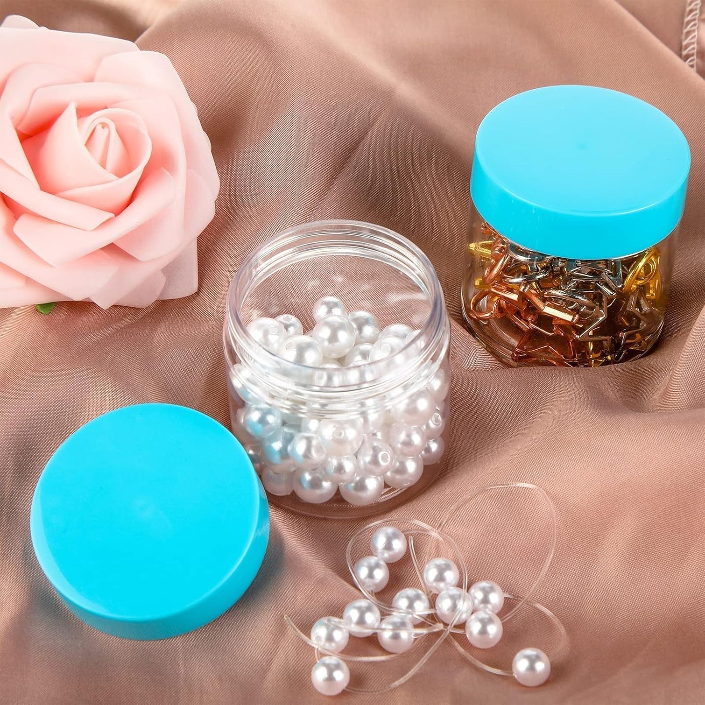 SATINIOR 24 Pieces Empty Clear Plastic Jars with Lids Round Storage Containers Wide Mouth for Beauty Product Cosmetic Cream Lotion Liquid Butter Craft and Food(Blue Lid,4 oz)