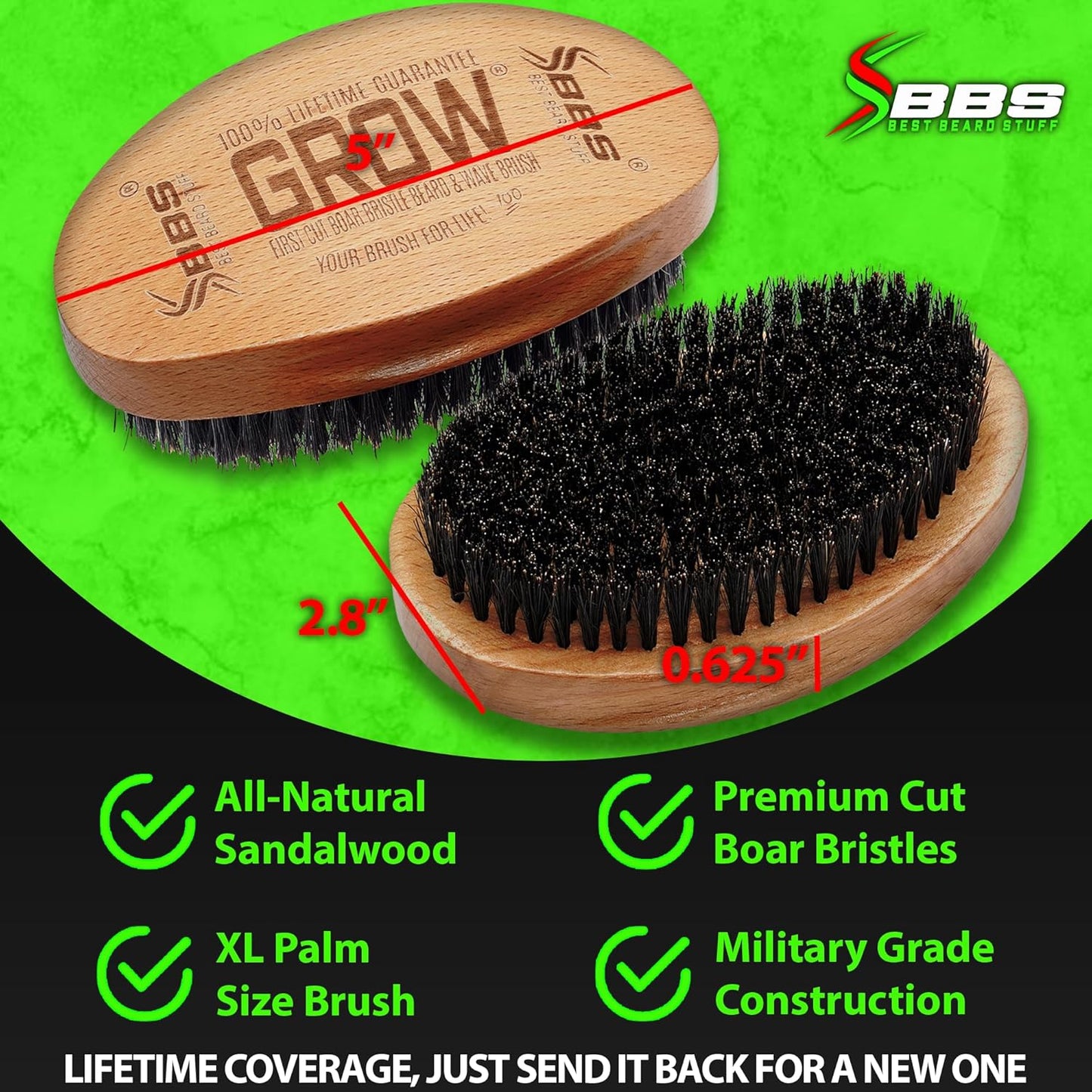 GROW Boar Bristle Beard Brush & 360 Wave Brush for Men – Beard and Mustache Growth Brush – Beard Brush for Men & Follicle Stimulator – Exfoliate, Detangle & Boost Circulation – USA Made