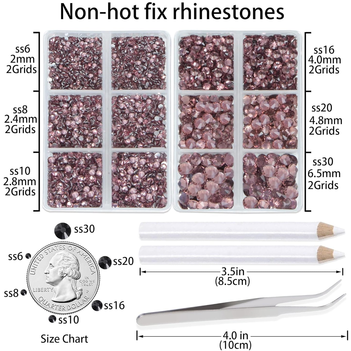 LPBeads 6000 Pieces Lt Amethyst Non Hotfix Rhinestones 6 Sizes Round Crystal Glass Flat Back Rhinestones with Tweezers and Picking Pen for Nail Art Crafts Clothes Bags DIY