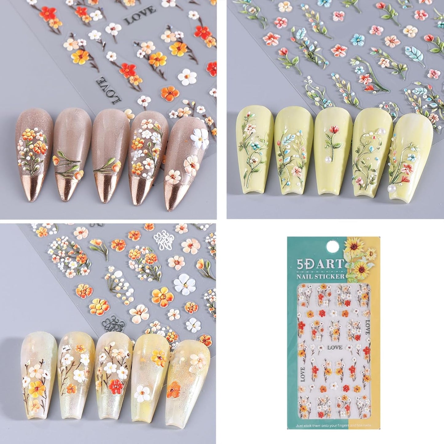 5D Embossed Nail Stickers 3Pcs Summer Colorful Flowers Leaves Nail Stickers for Nail Art Spring Floral Leaf Plant Self-Adhesive Sliders Nails Decals for Women and Girls Manicure Decoration Supplies