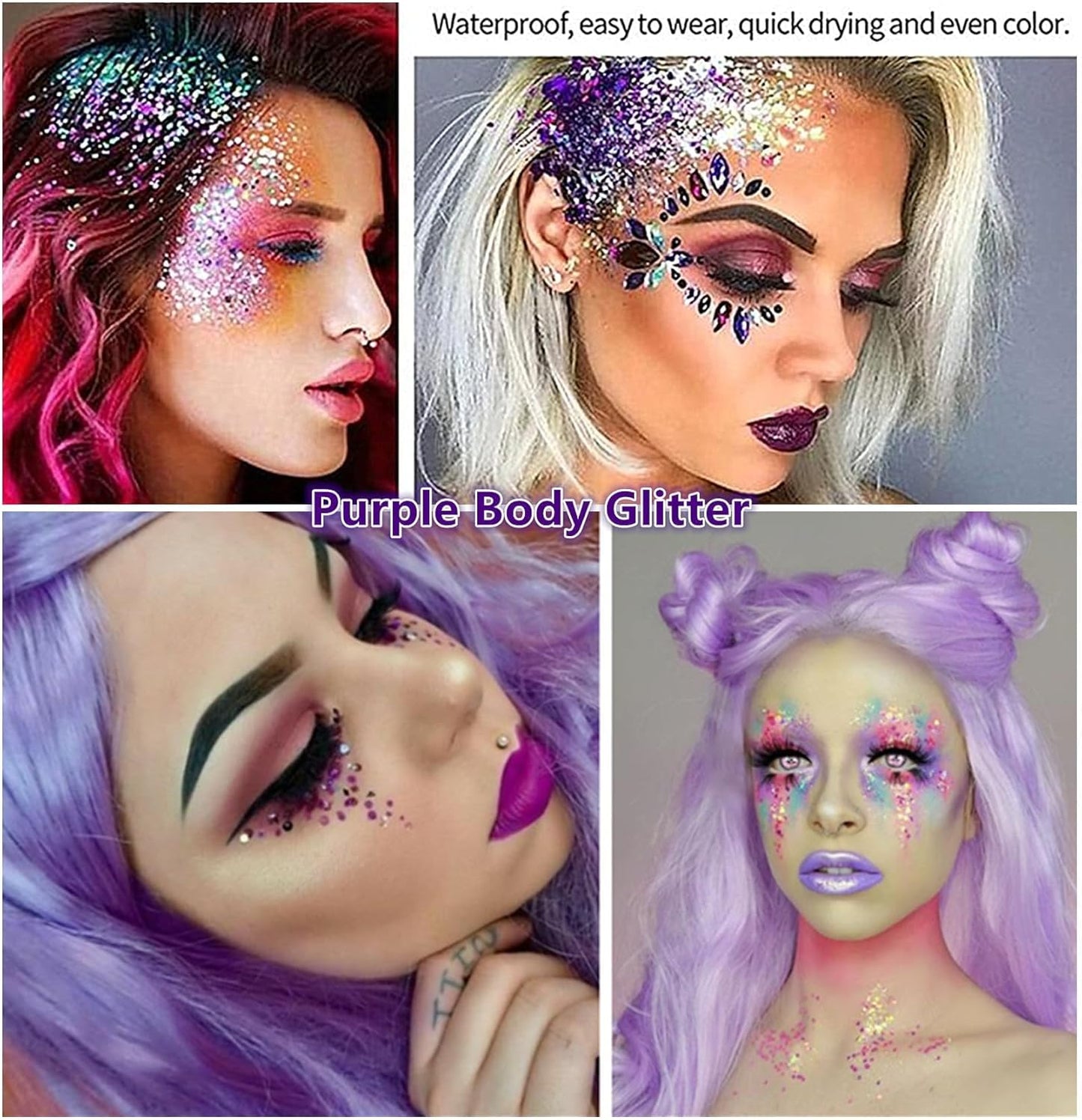 Go Ho Mermaid Purple Face Body Glitter Gel,Holographic Purple Hair Glitter,Mardi Gras Outfit for Women Kids,Chunky Sequins Glitters for Eye Lip Nails,Festival Rave Accessories