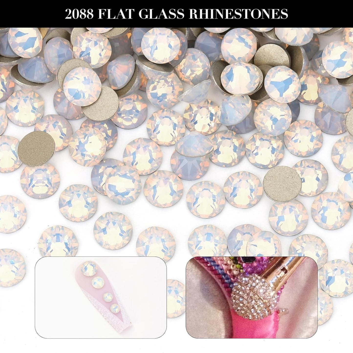 Novani White Opal Rhinestones 288pcs Flat Back Round Rhinestone Style 2088 Sparkly Crystal Gemstones for Nail Art and Crafting SS30,6.4-6.6mm