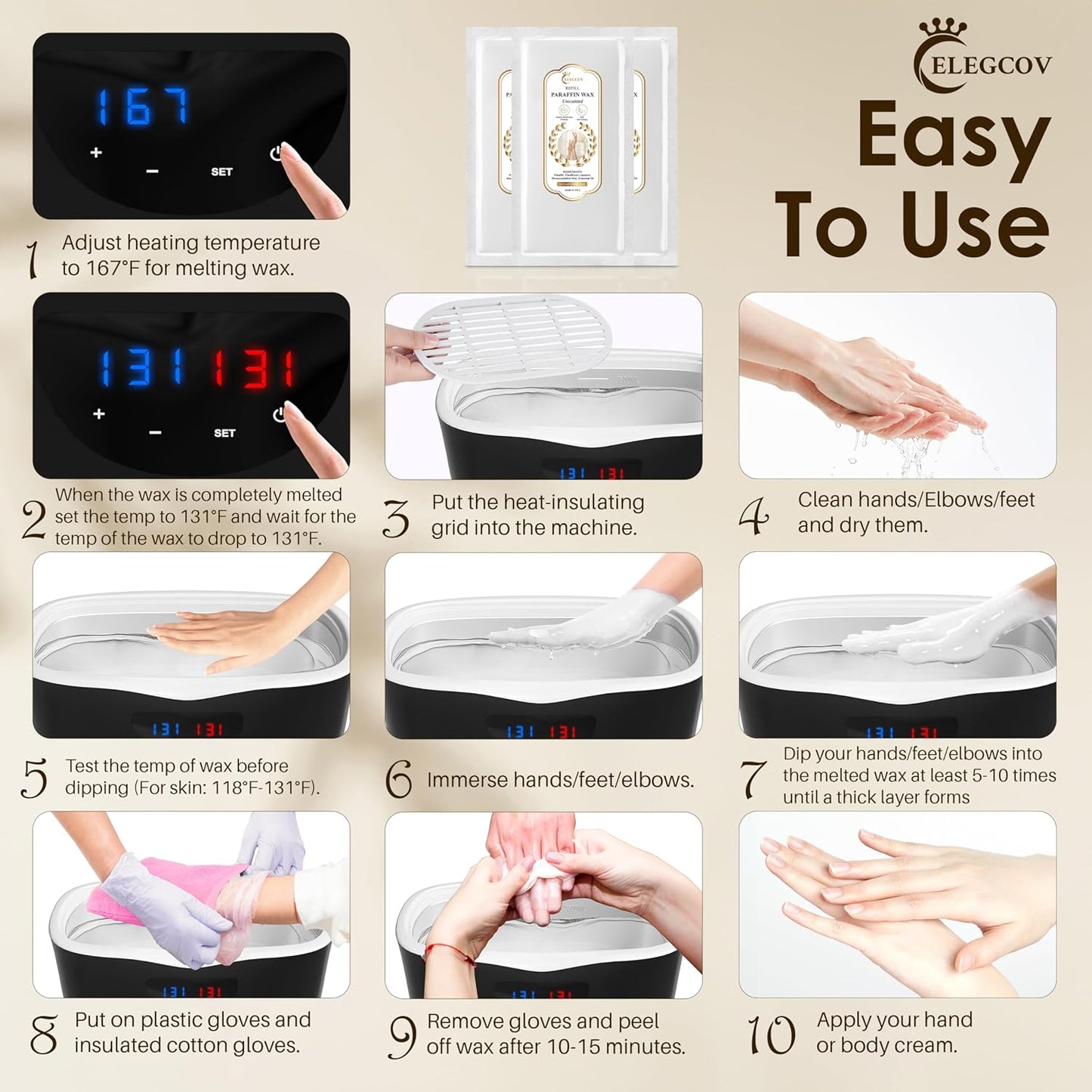 Paraffin Wax Refills-10 Pack Unscent Paraffin Wax for Hand and Feet, Parrafin Wax Blocks for Wax Machine, Parafin Wax Bath, Relieves Muscle Fatigue, Deeply Hydrates, Moisturizes and Nourishes