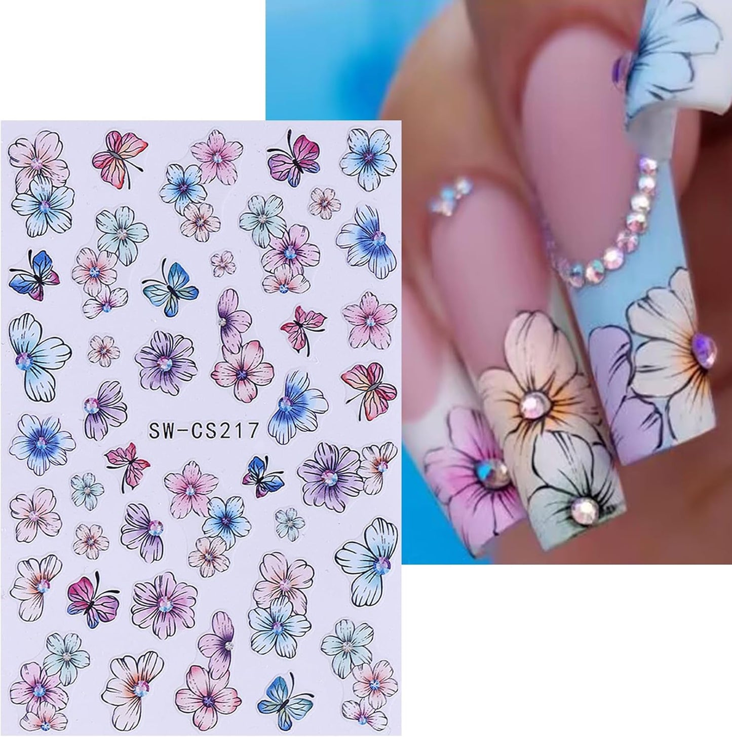 Flower Stickers for Nail Art Decals - 12 Sheets Spring Butterfly Nail Stickers with Tweezers 3D Floral Leaves Plant Nail Art Designs DIY Self Adhesive Daisy Blossom Nail Supplies Decorations