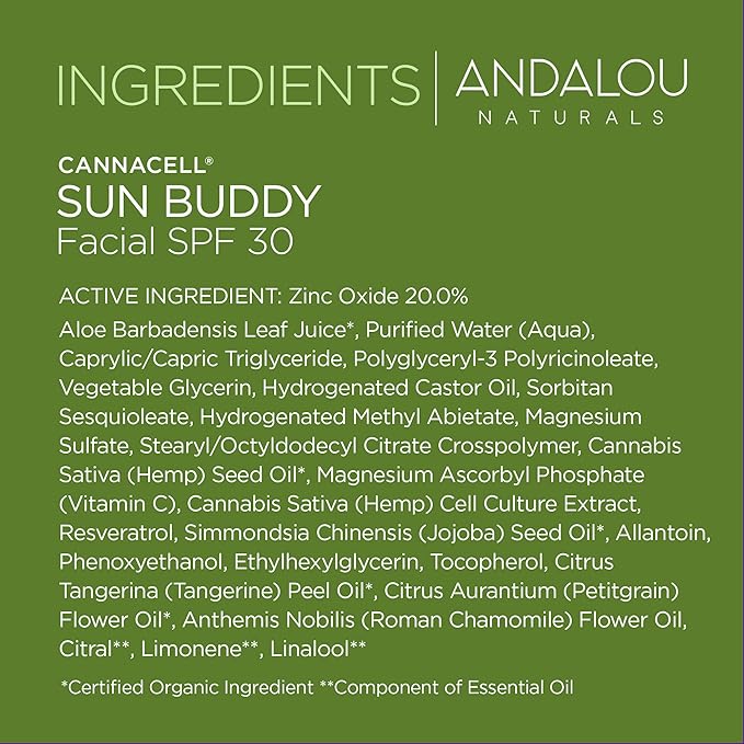 Andalou Naturals Face Sunscreen, CannaCell Sun Buddy SPF 30 with Hemp Stem Cells, Moisturizing Facial Lotion, Broad Spectrum Protection with Non-Nano Zinc Oxide, Reef Safe Sunscreen, 2.7 Fl Oz